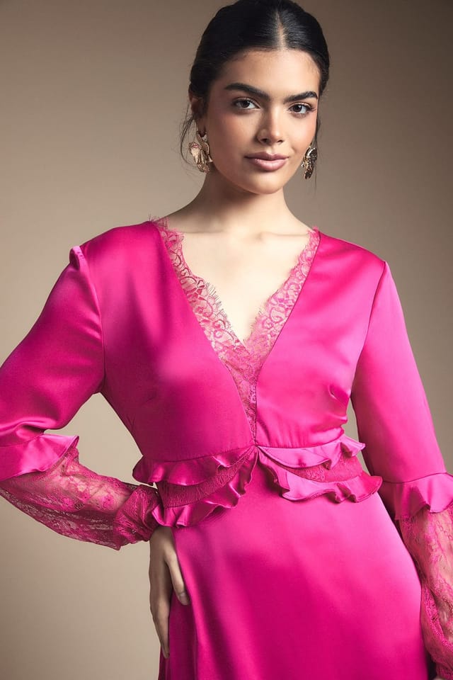Oasis Oasis Women's Lace Sleeve Frill Waist V Neck Midi Dress in Fuchsia - 2