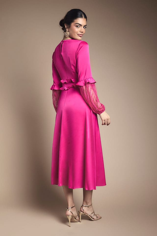 Oasis Oasis Women's Lace Sleeve Frill Waist V Neck Midi Dress in Fuchsia - 3