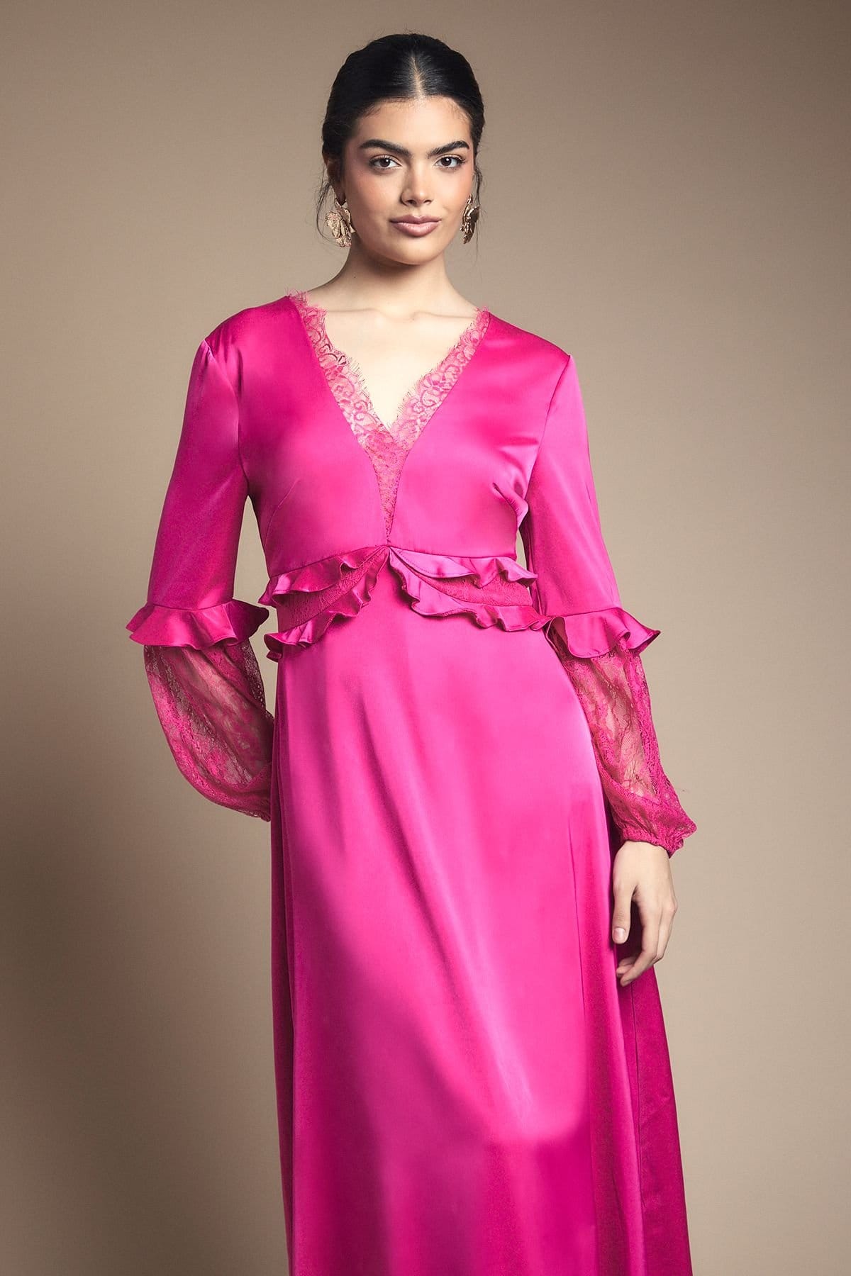 Oasis Oasis Women's Lace Sleeve Frill Waist V Neck Midi Dress in Fuchsia - 4