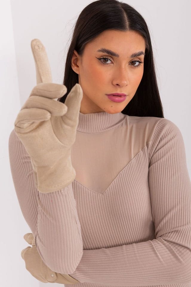 Love Lace Love Lace Women's Embroidered Flower Touchscreen Gloves with Two Material Design in Beige - 2