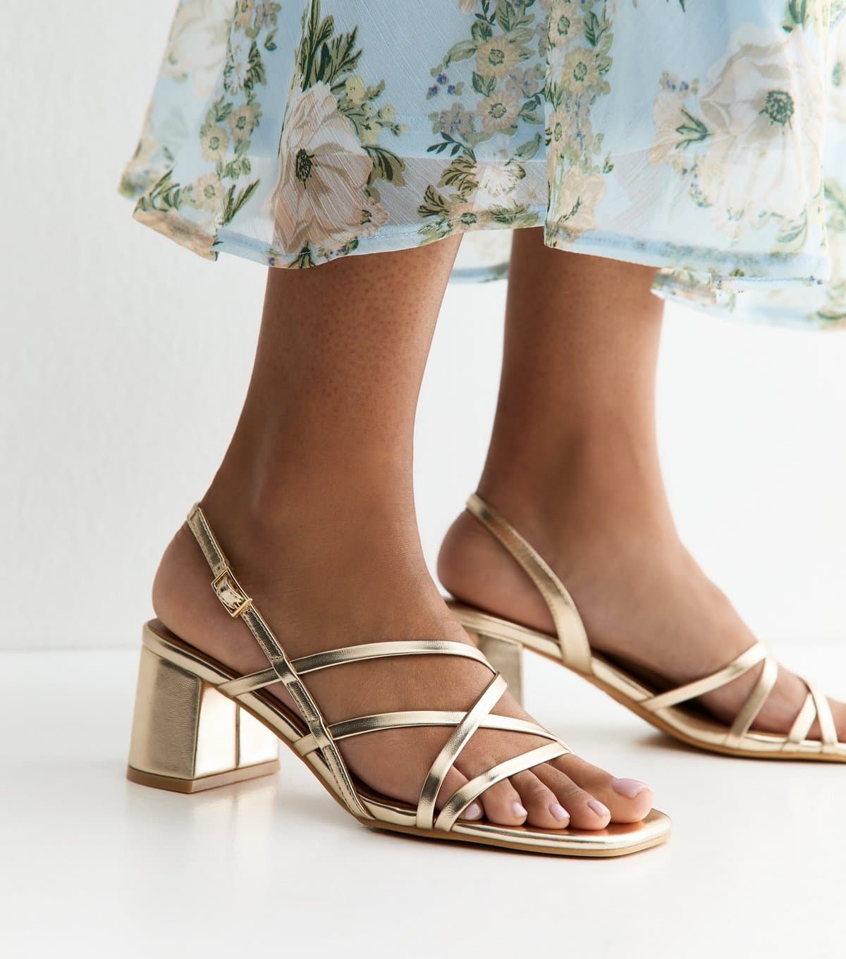 New Look Women's Gold Faux Leather Multi Strap Block Heel Sandals Vegan New Look