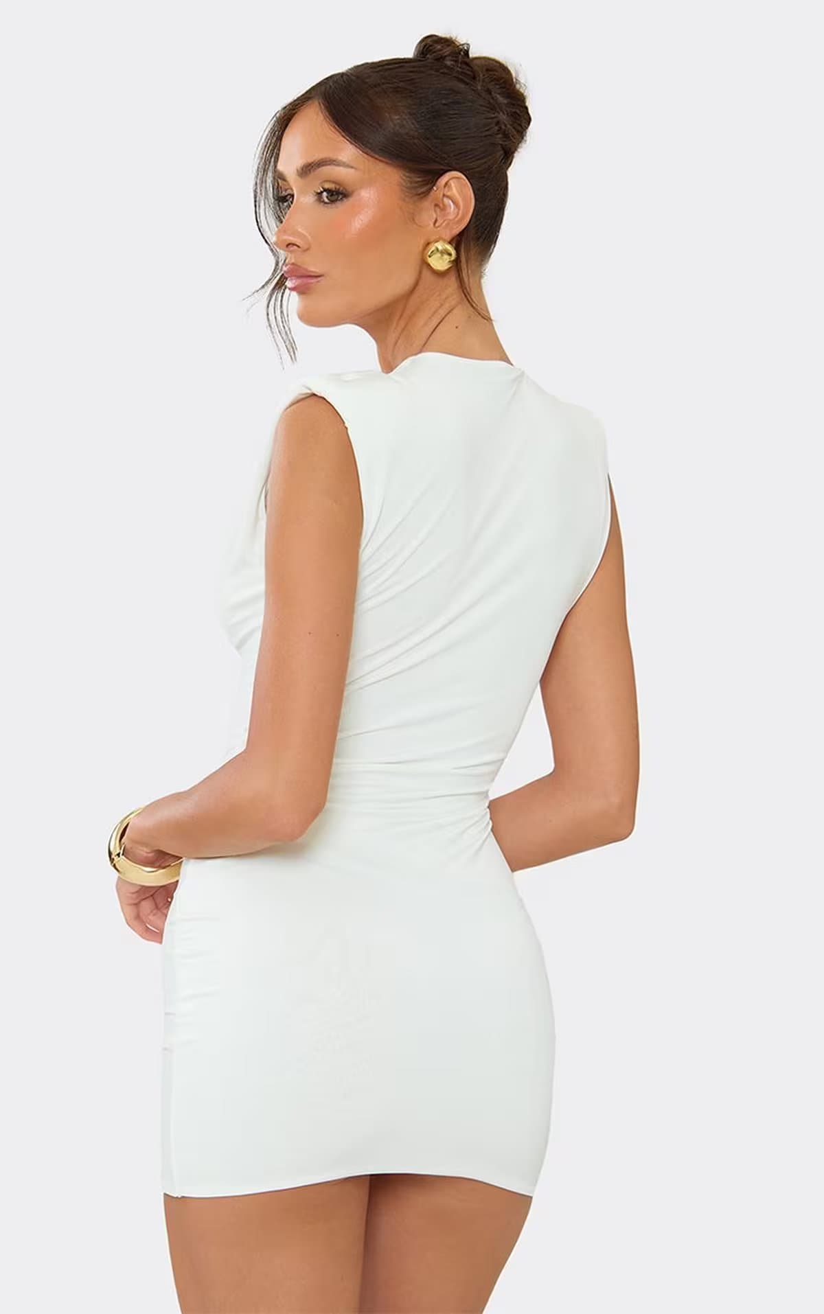 EGO Plunge Neck Shoulder Pad Mini Dress In White, Women's Size UK 6