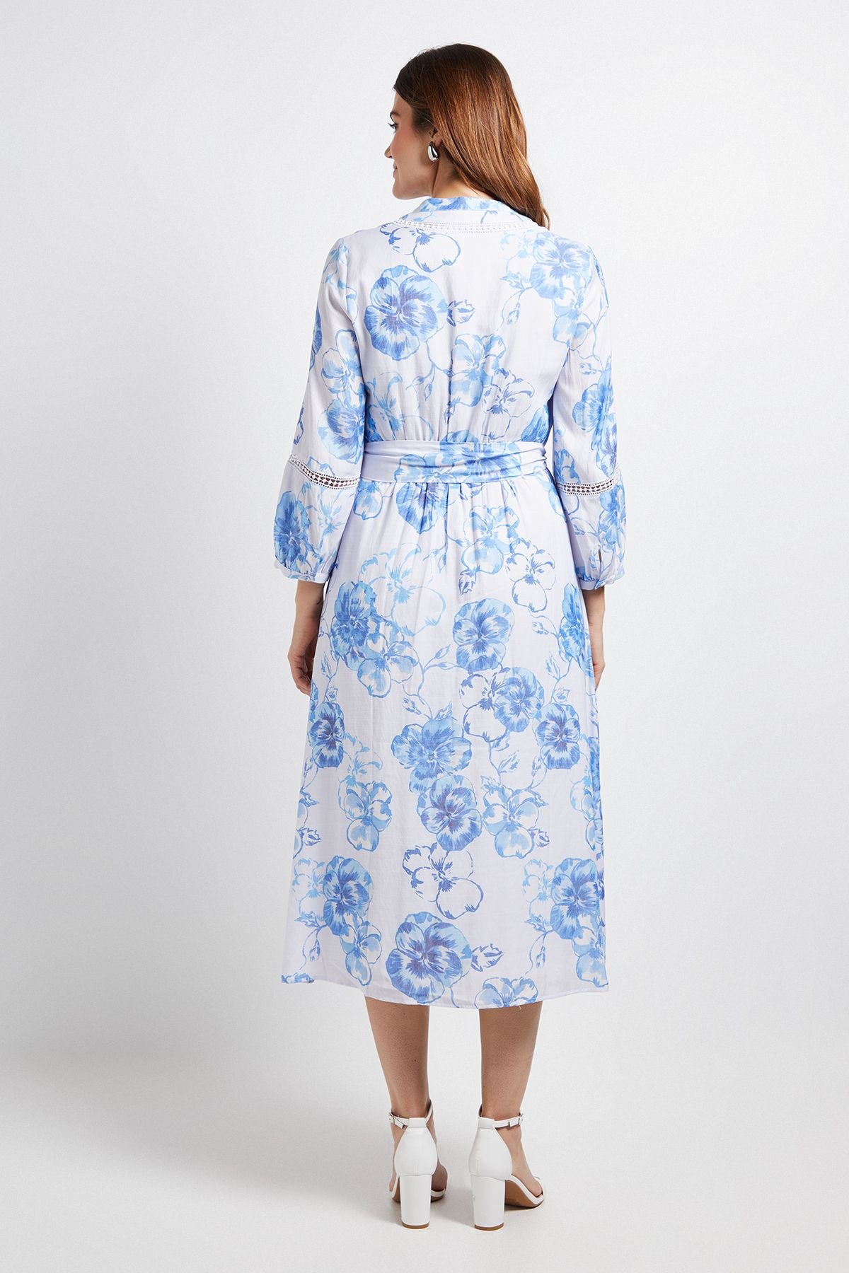 Wallis Wallis Women's Floral Lace Insert Collarless Shirt Dress in Blue - 3