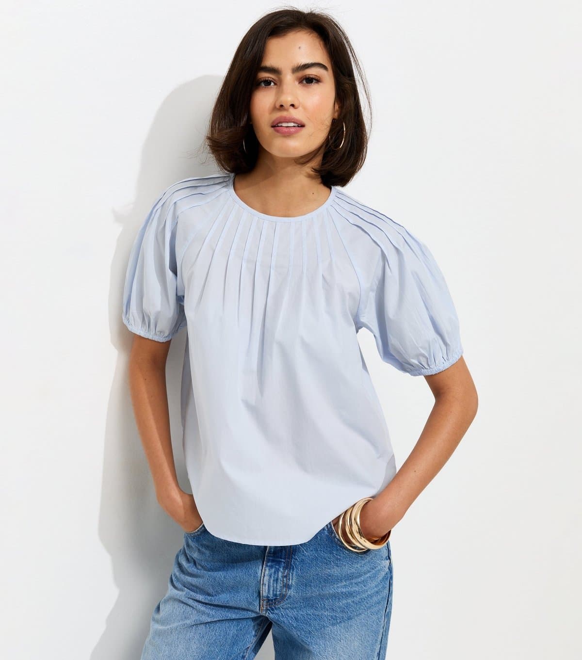 New Look New Look Light Blue Pintuck Poplin Blouse