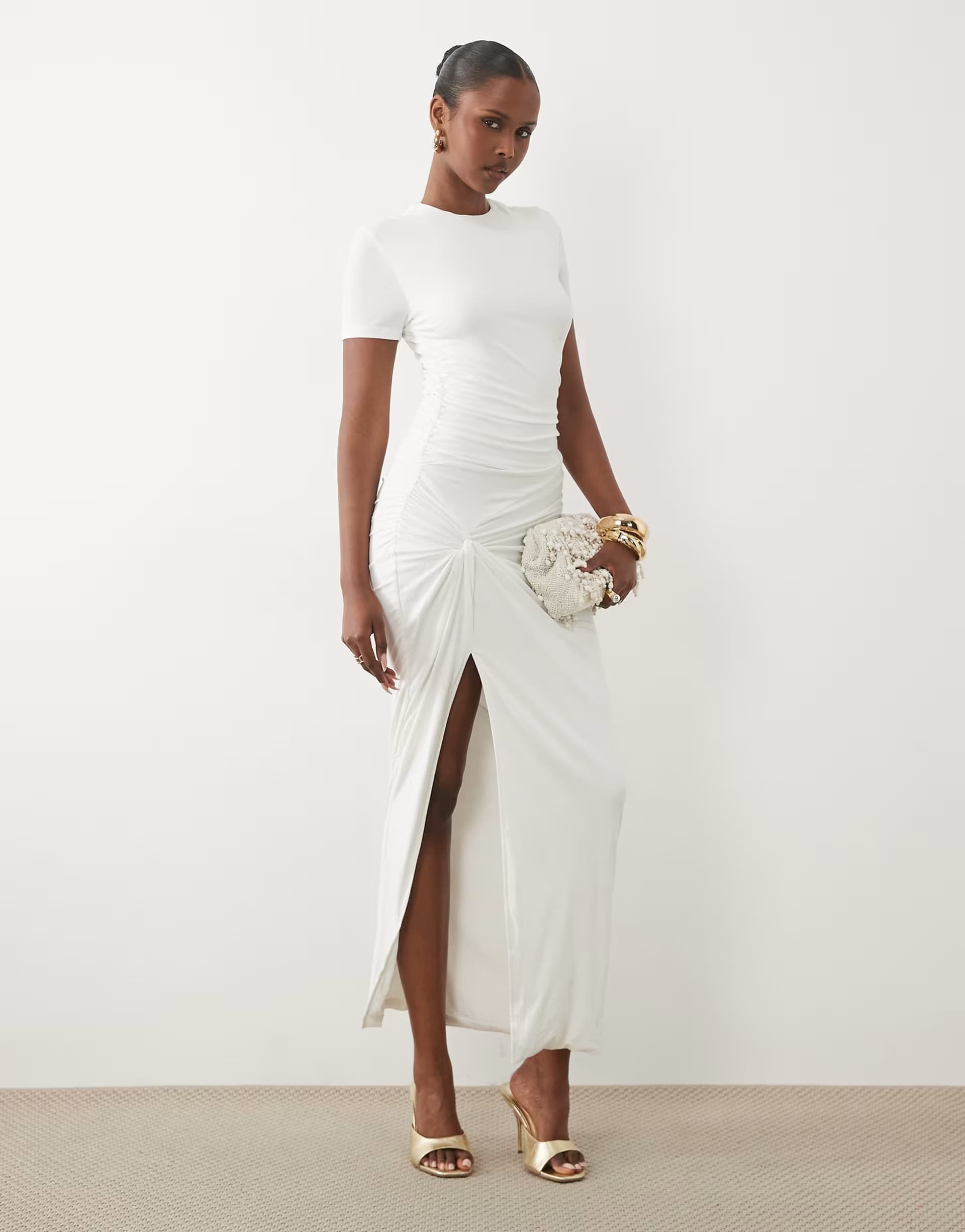 ASOS Ruched & Ready Miss Me Yet sculpted jersey knot waist detail t-shirt maxi dress in white