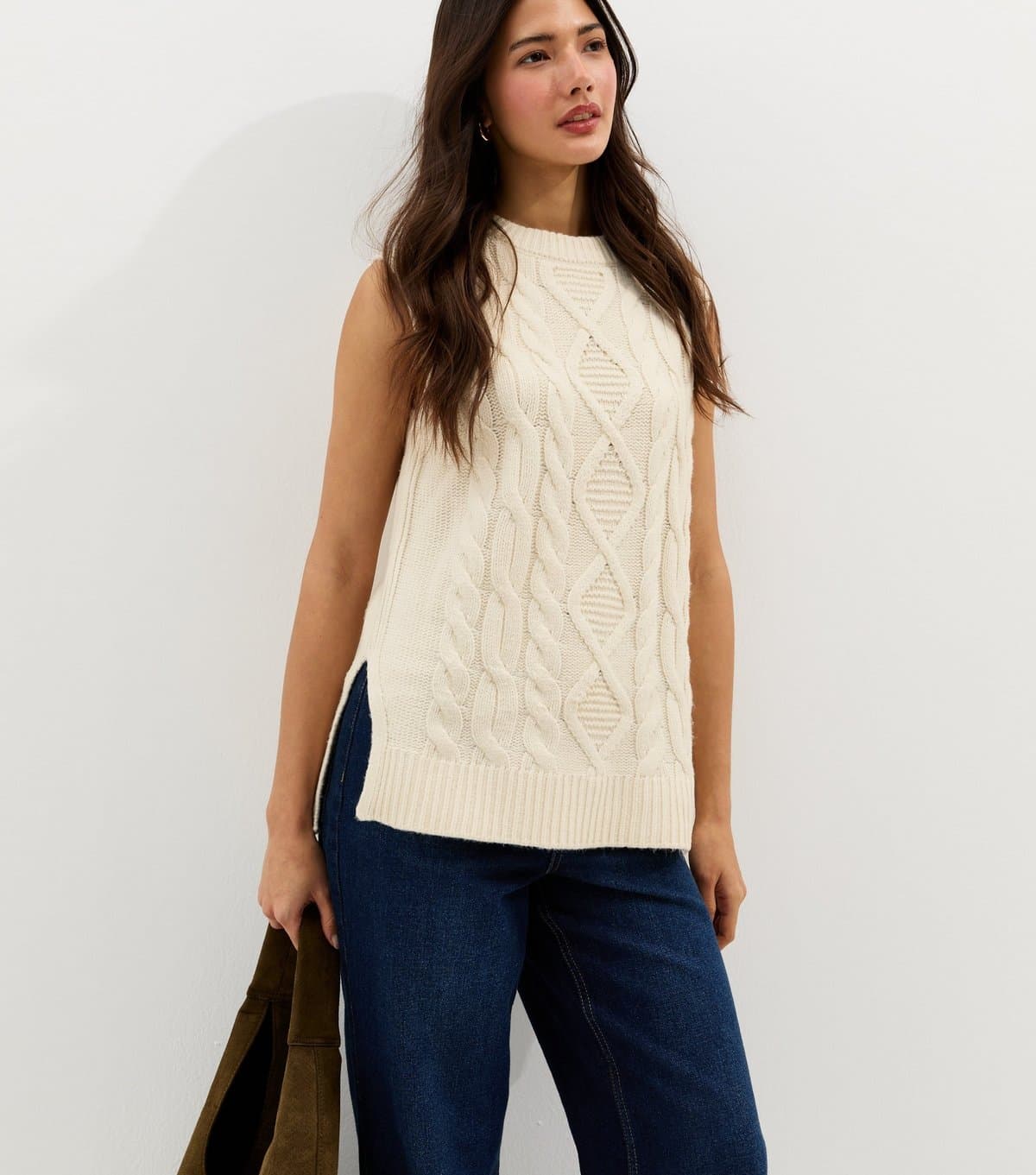 New Look Women's Cream Cable Knit Longline Tabard New Look