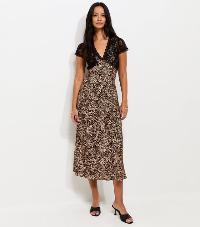 New Look Women's Brown Animal Print Lace Bodice Midi Dress New Look - 2