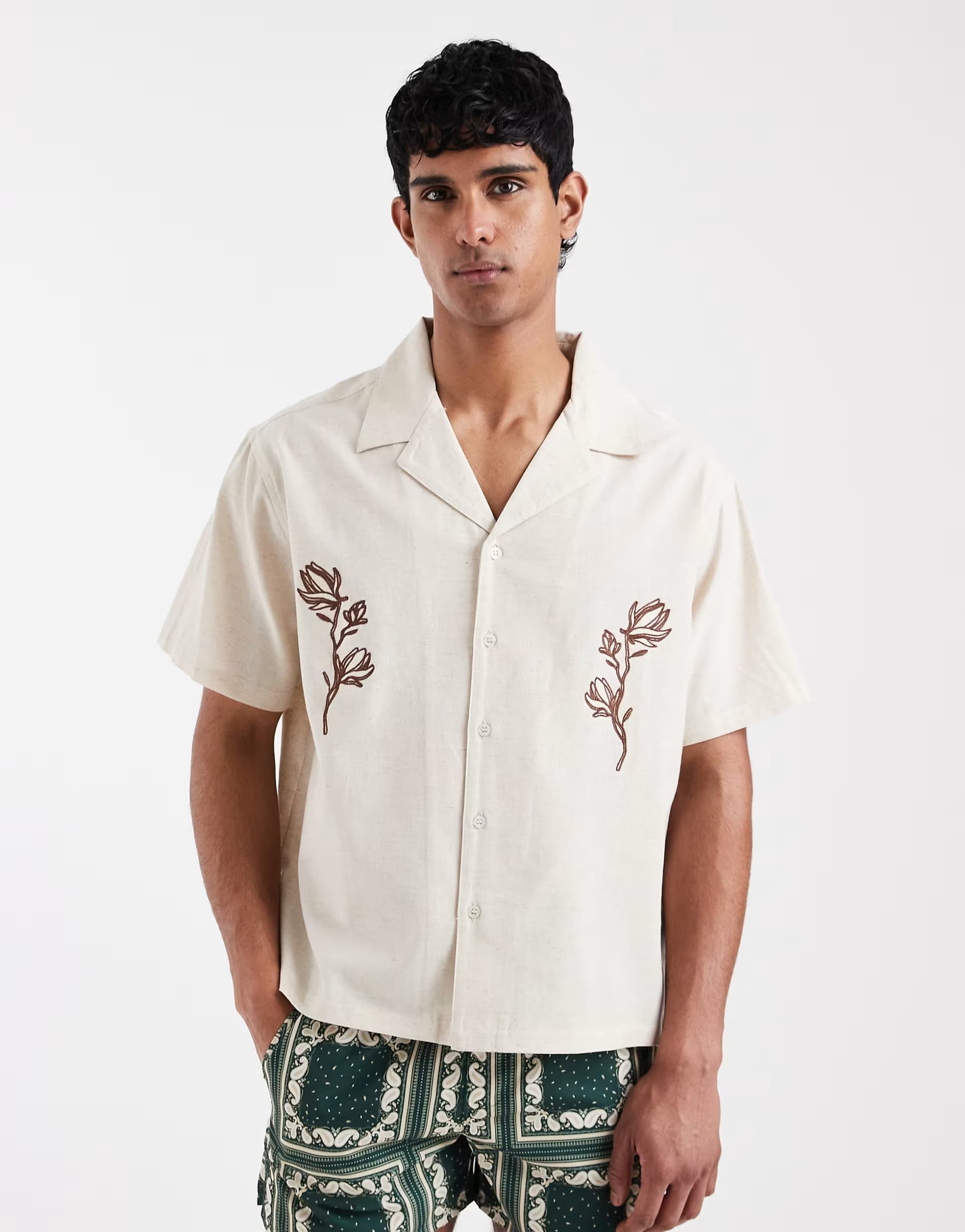 ASOS Aray embroidered revere beach shirt in beige