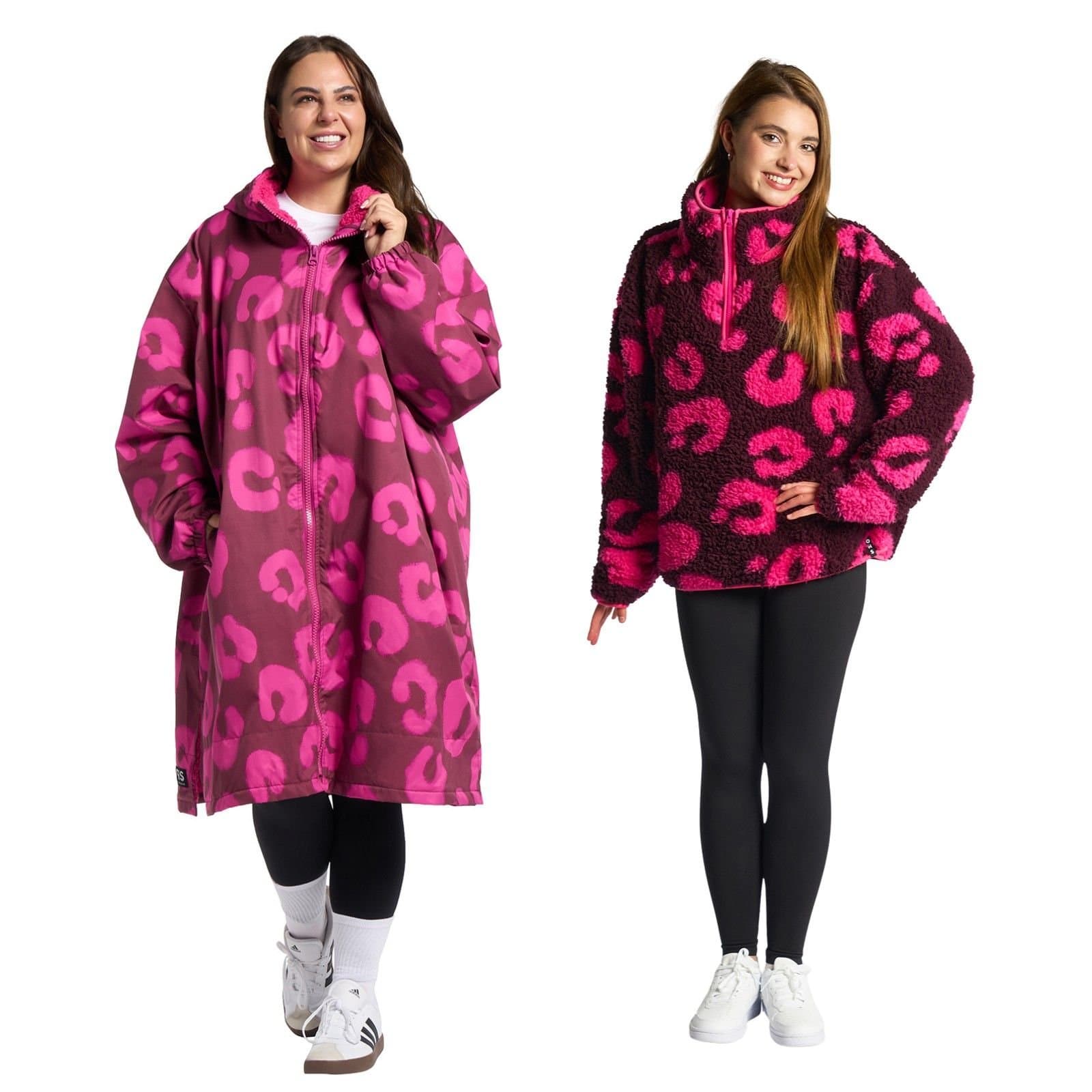 OHS OHS Women's 2 Piece Leopard Print Changing Robe & Half-Zip Teddy Fleece Co-Ord Set in Burgundy