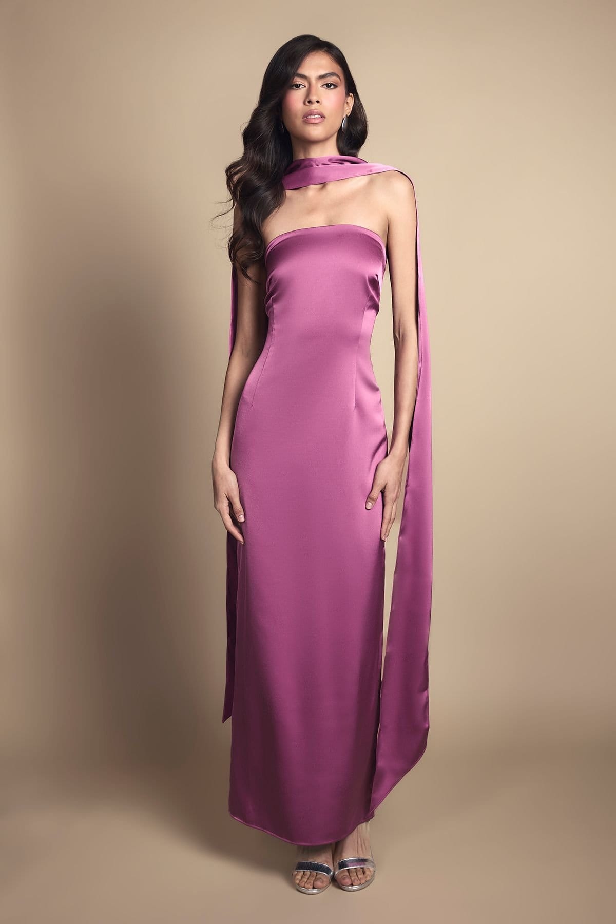 Oasis Oasis Women's Pink Bandeau Satin Bridesmaid Maxi Dress With Scarf - 4