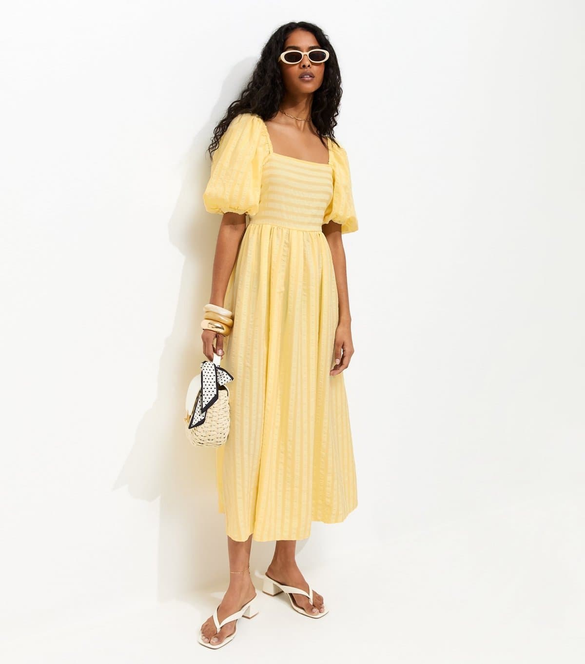 New Look Women's Light Yellow Puff Sleeve Striped Midi Dress New Look