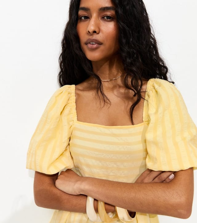 New Look Women's Light Yellow Puff Sleeve Striped Midi Dress New Look - 2