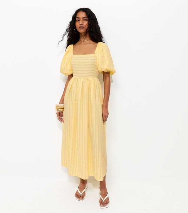 New Look Women's Light Yellow Puff Sleeve Striped Midi Dress New Look - 3