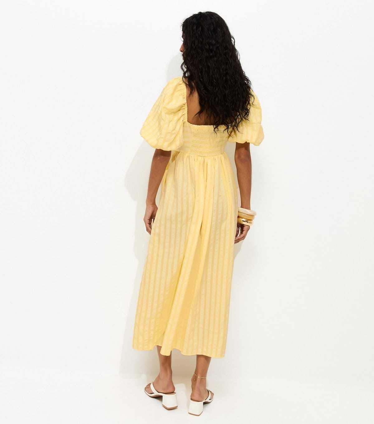 New Look Women's Light Yellow Puff Sleeve Striped Midi Dress New Look - 4