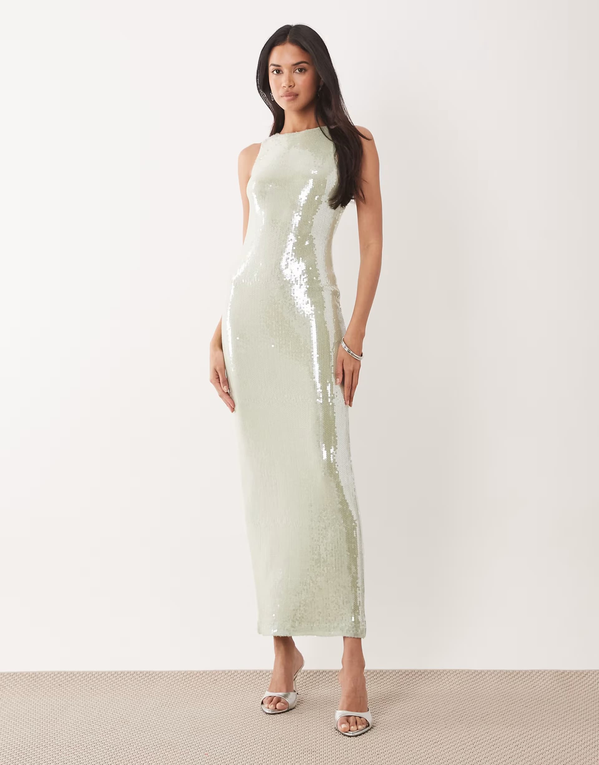 ASOS Rare London racer neck sequin midi dress in light green