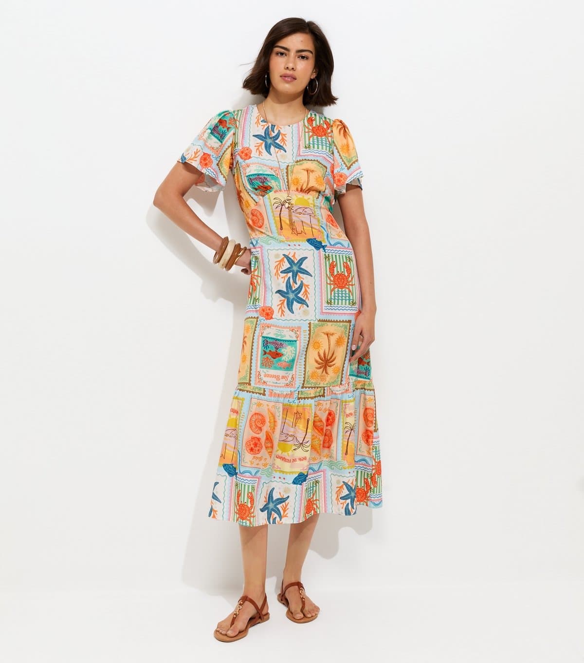New Look Women's Multicolour Seaside Print Crepe Midi Dress New Look