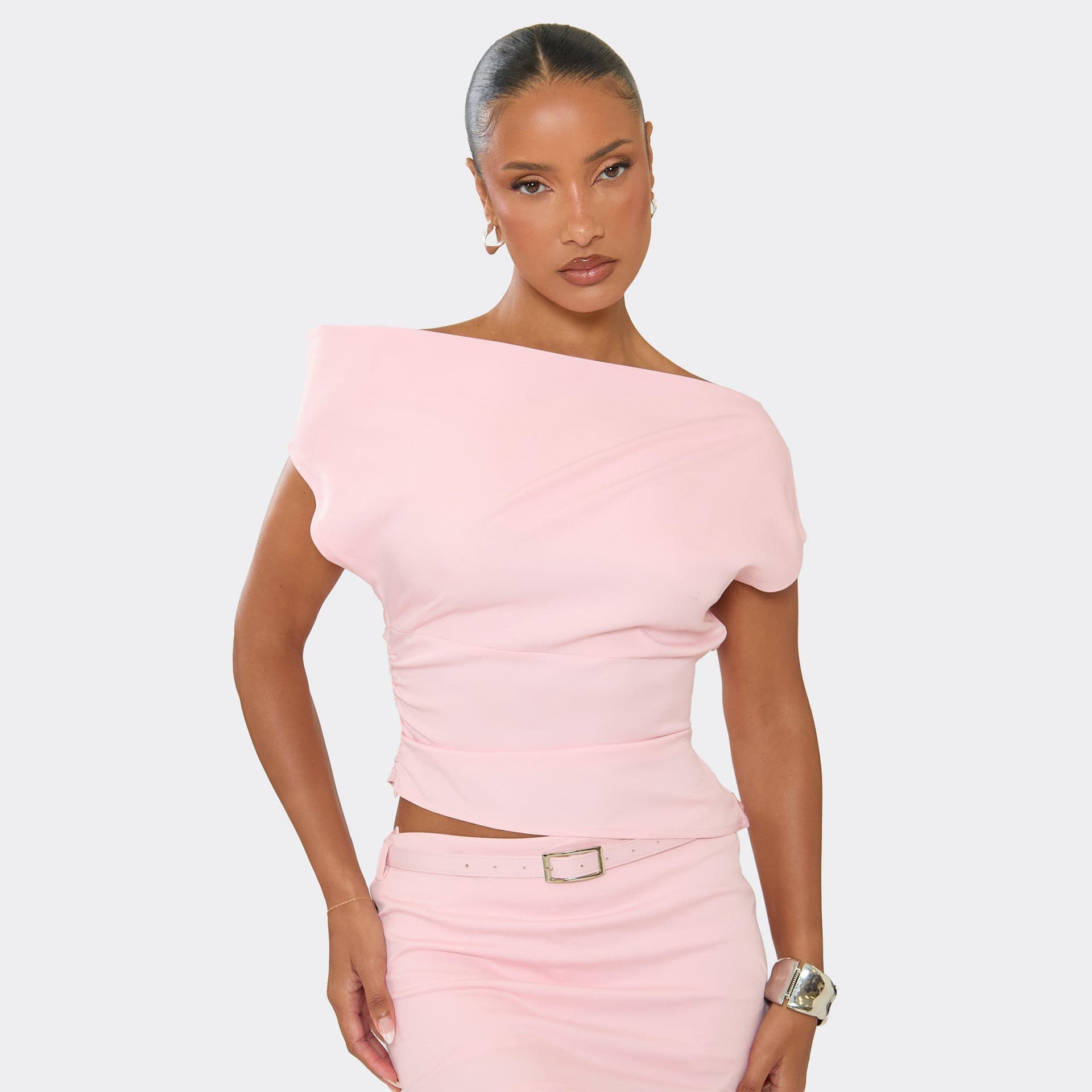 EGO Asymmetrical Off The Shoulder Top In Pink, Women's Size UK 4