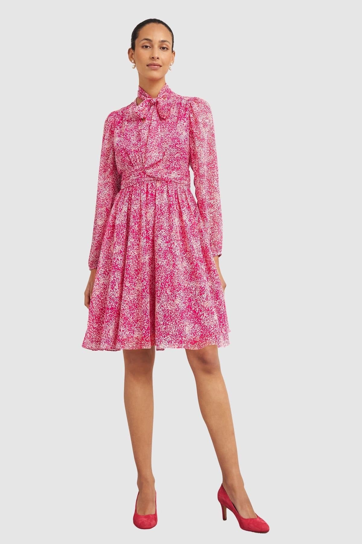 Hobbs London Hobbs London Women's Janaya Tie-Neck Fit Flare Dress in Fuchsia