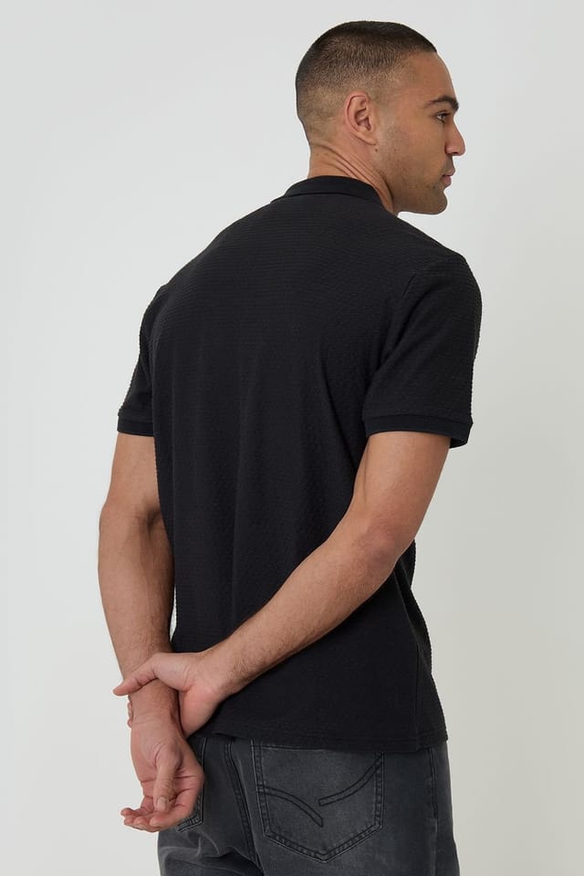 Threadbare Threadbare Men's Textured Cotton Quarter Zip Polo Shirt in Black - 2