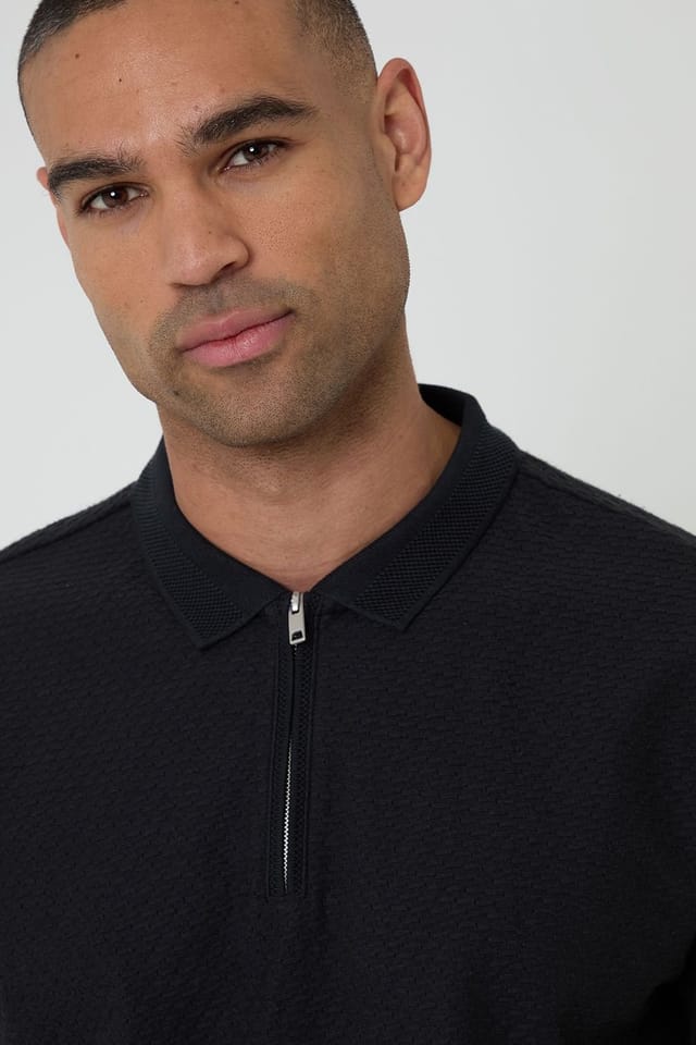Threadbare Threadbare Men's Textured Cotton Quarter Zip Polo Shirt in Black - 3