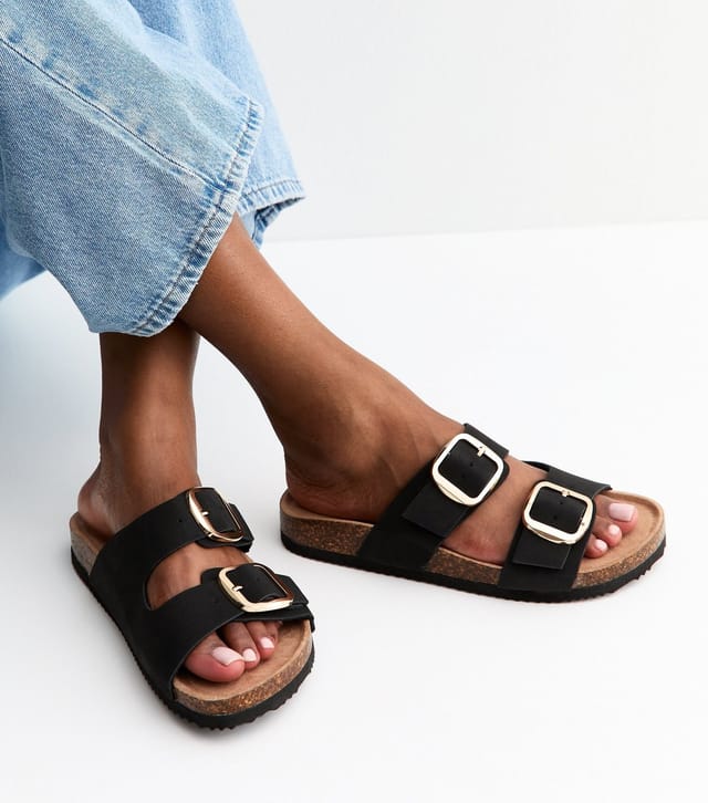 New Look Women's Extra Wide Fit Black Cork Sole Double Strap Mule Sandals Vegan New Look - 2
