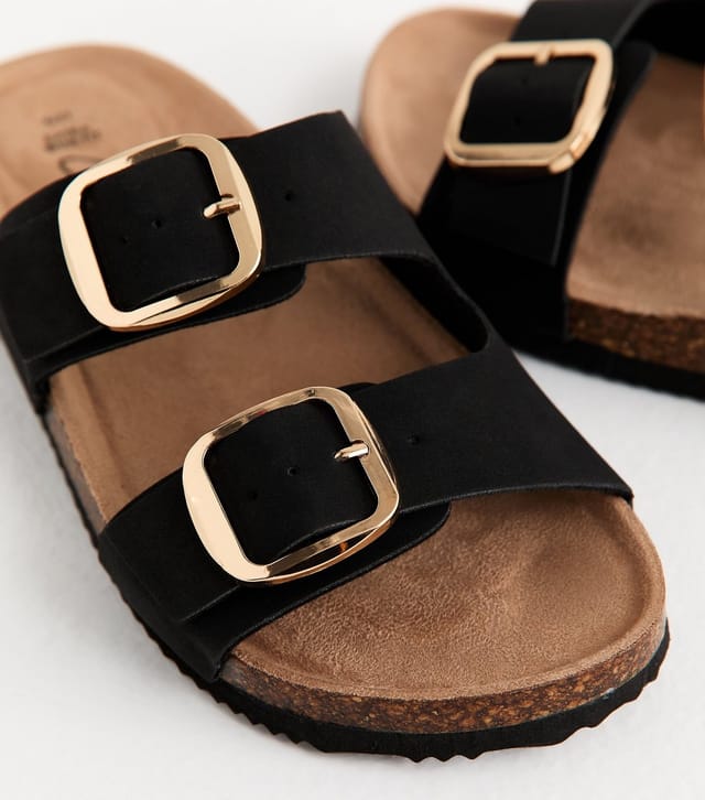 New Look Women's Extra Wide Fit Black Cork Sole Double Strap Mule Sandals Vegan New Look - 3