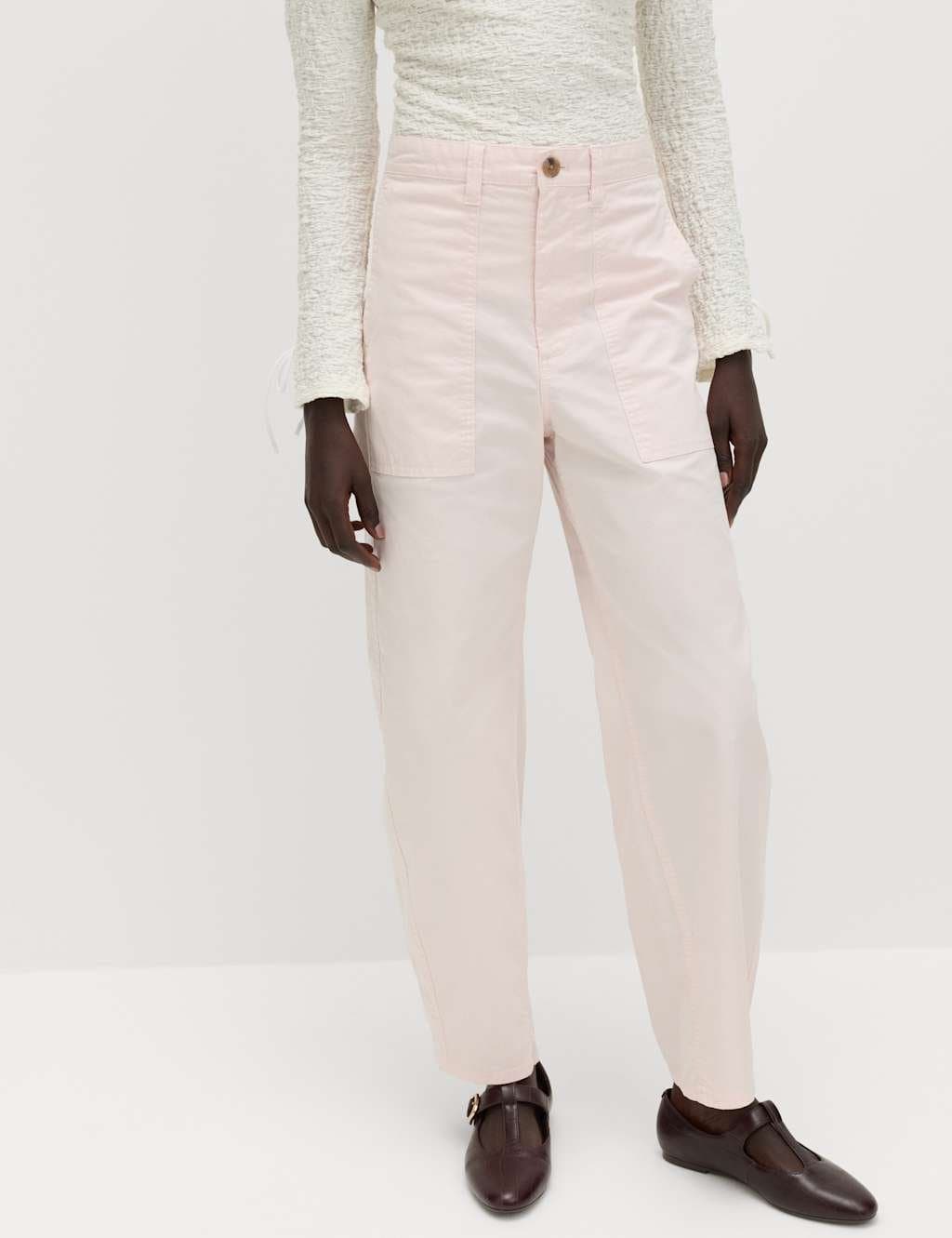 Marks & Spencer M&S Cotton Rich Barrel Leg Trousers Pink Shell