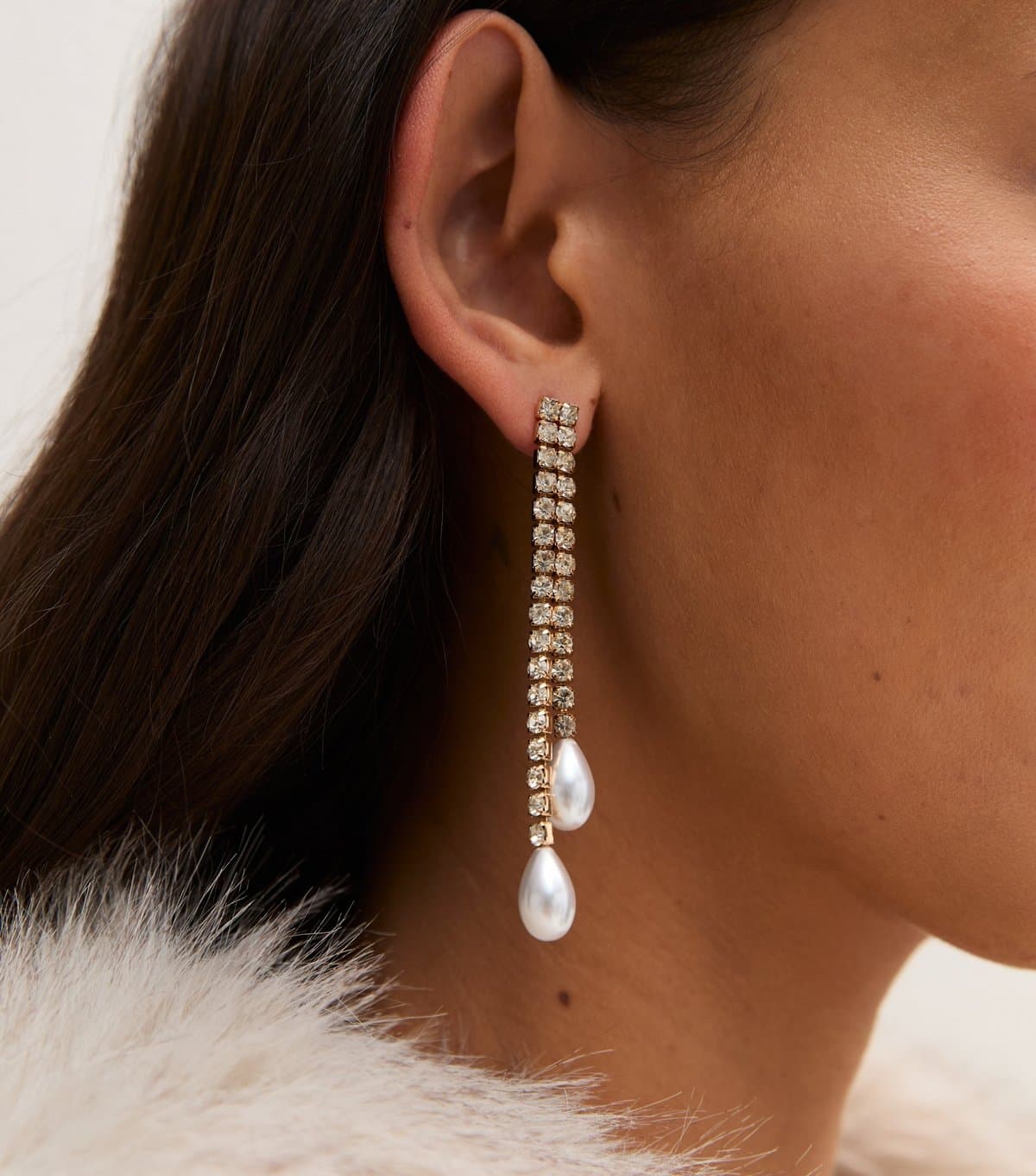 New Look Gold Tone Faux Pearl Diamanté Tassel Drop Earrings New Look