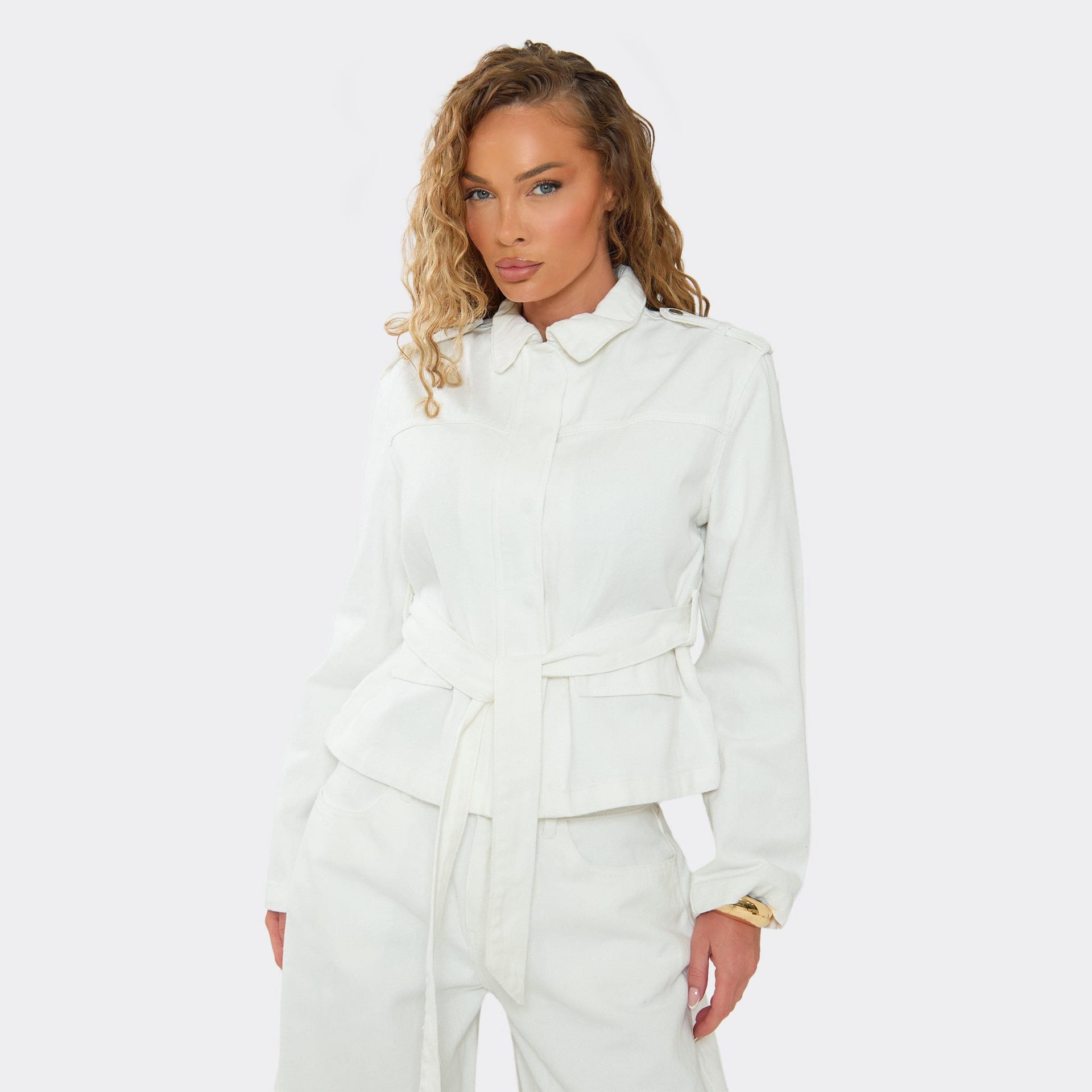 EGO Cream Denim Zip Front Tie Waist Jacket