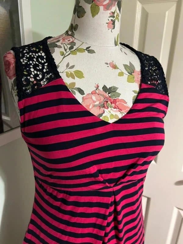 Per Una M&S Per Una Pink Navy Striped Knee Length Dress UK 12 Viscose Casual Summer Day