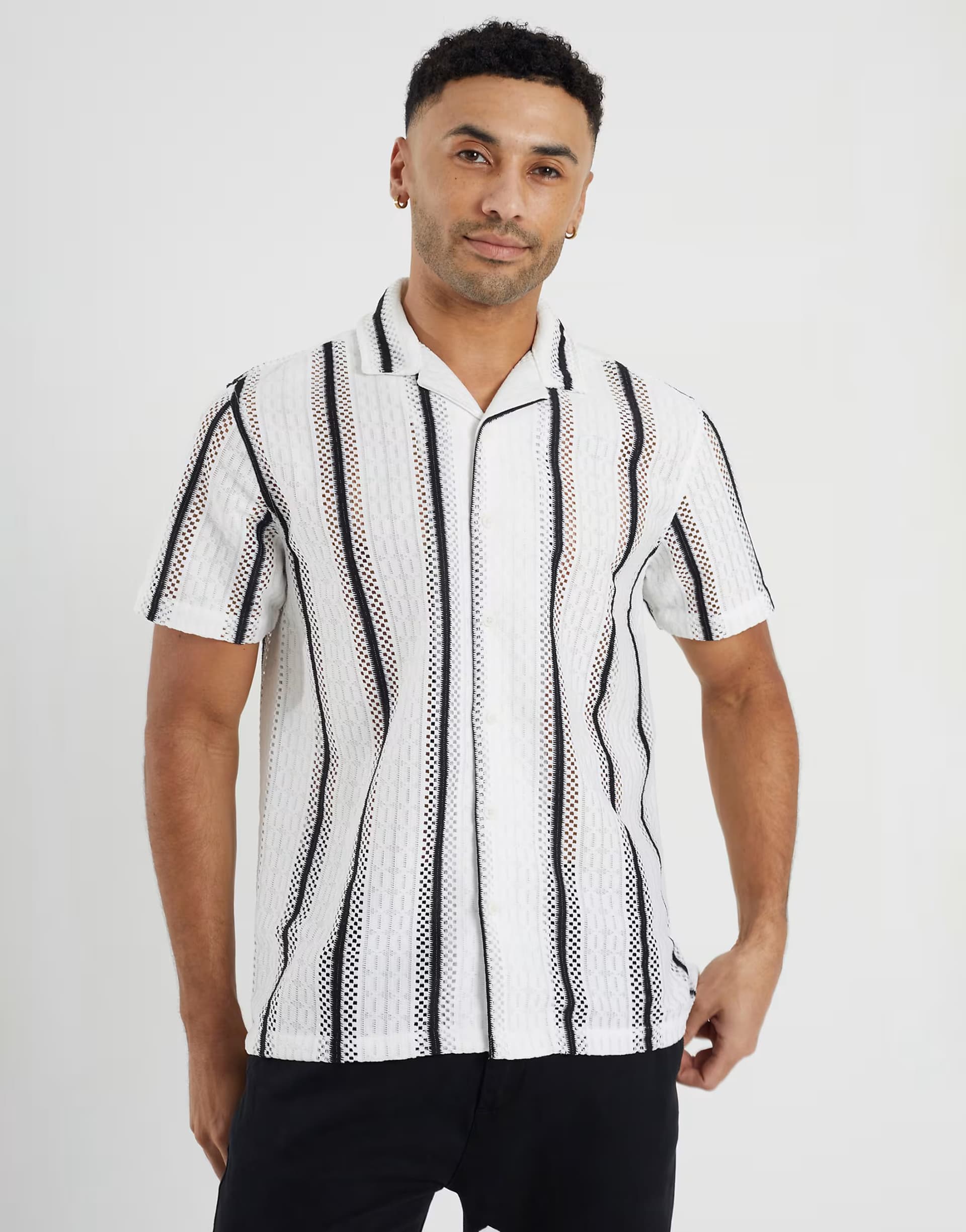 ASOS Brave Soul Knitted revere collar striped shirt sleeve shirt in white