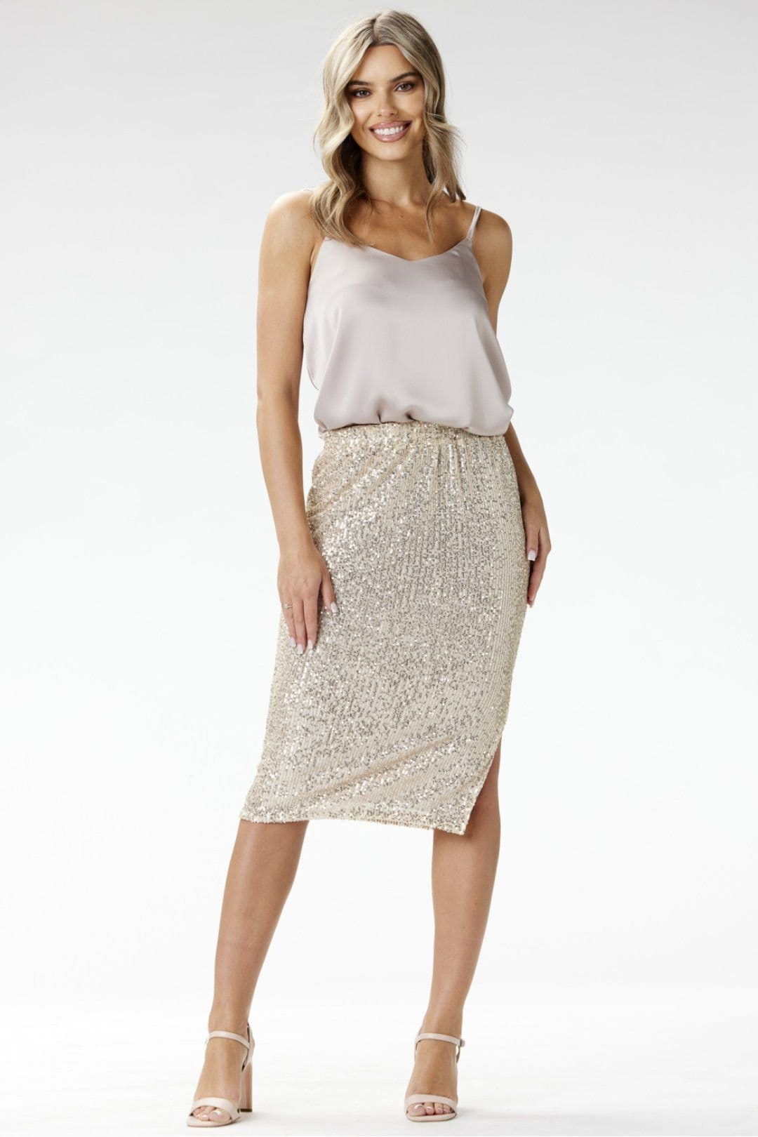 Love Lace Love Lace Women's Evening Sequin Pencil Midi Skirt in Beige - 1