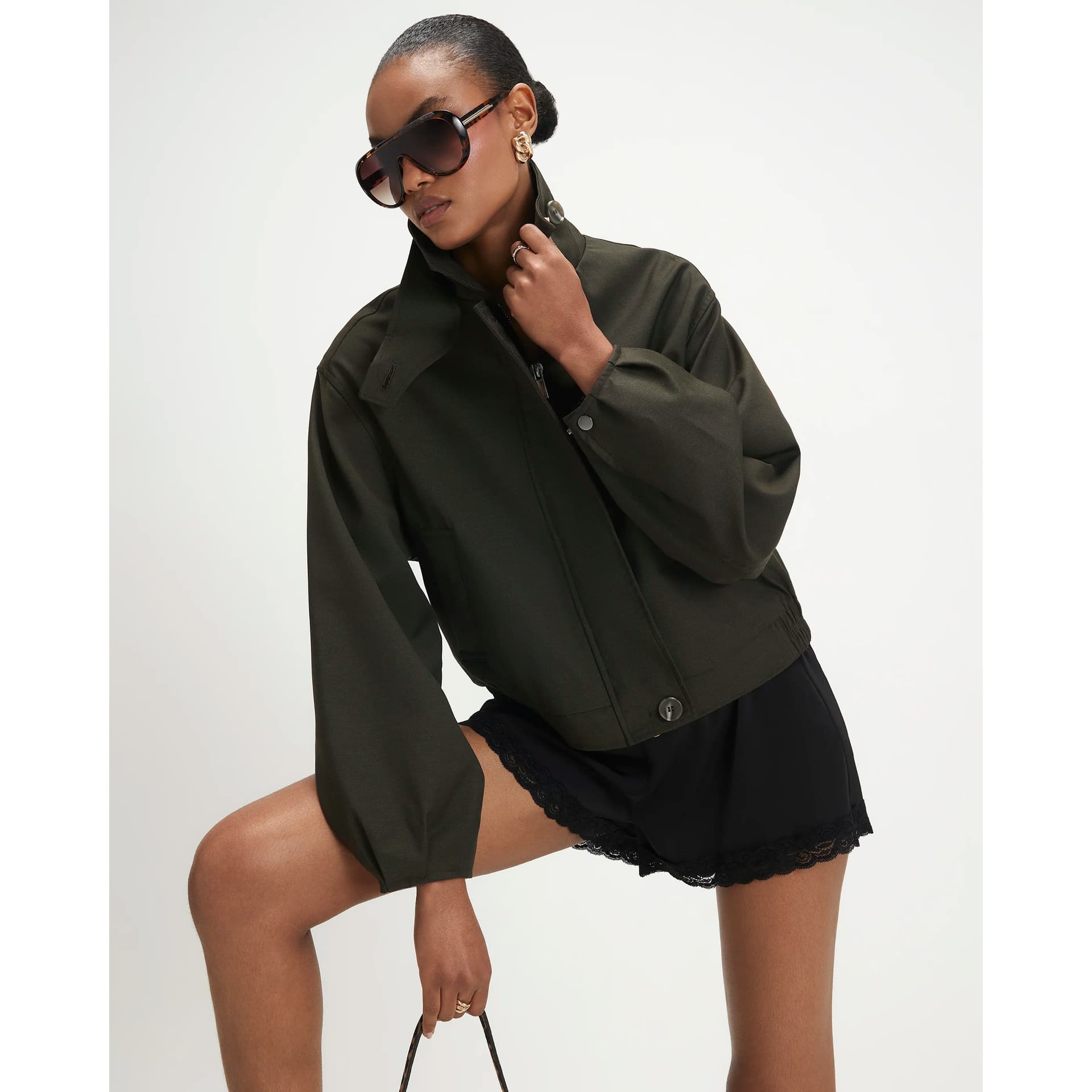 River Island River Island Womens Khaki Funnel Neck Bubble Hem Bomber Jacket
