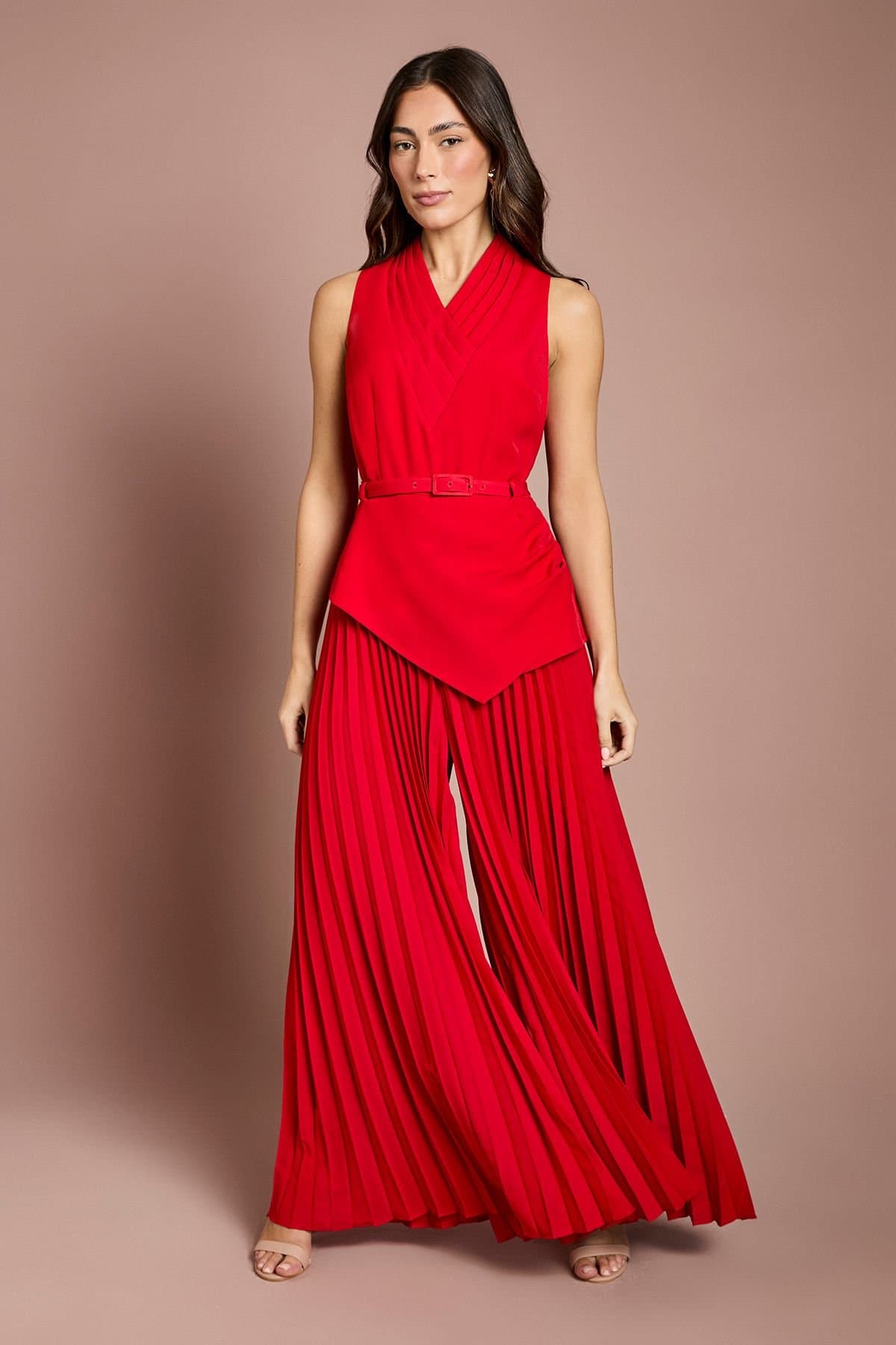 Coast Coast Women's Pleated Neckline Belted Jumpsuit in Red