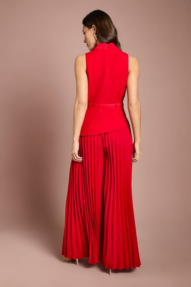 Coast Coast Women's Pleated Neckline Belted Jumpsuit in Red - 3