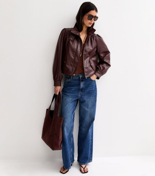 New Look Women's Burgundy Faux Leather Funnel Neck Jacket New Look - 3