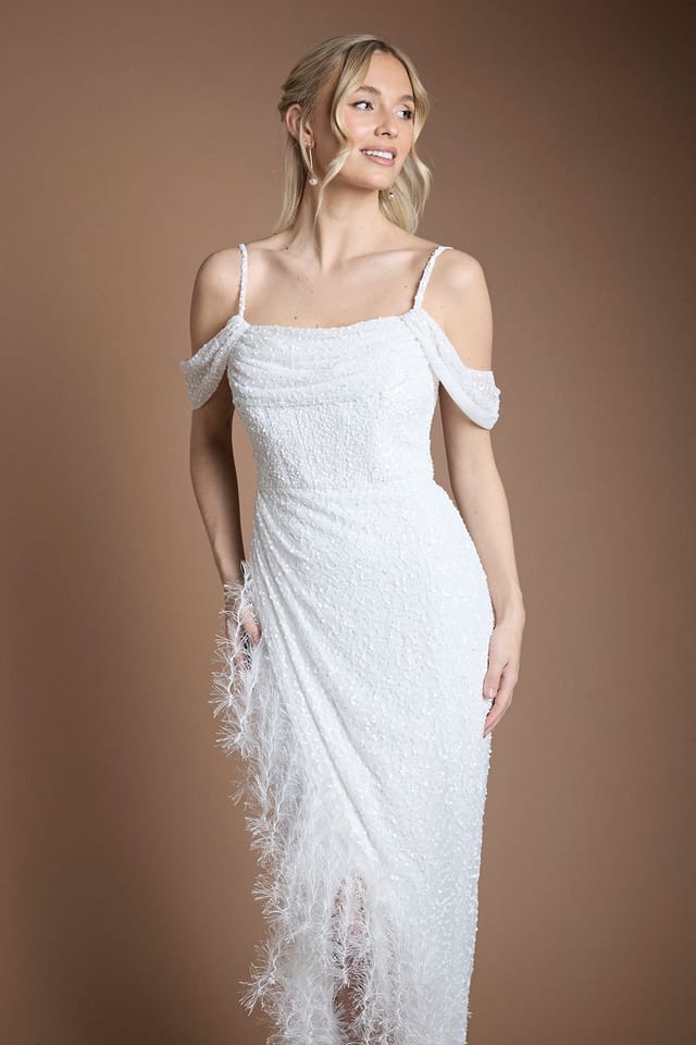 Coast Coast Women's Sequin Embellished Feather Trim Draped Bardot Maxi Wedding Dress in Ivory - 2