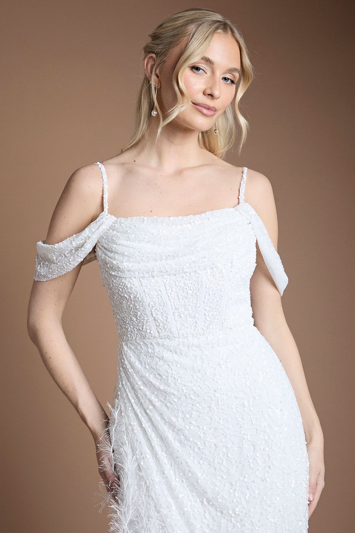 Coast Coast Women's Sequin Embellished Feather Trim Draped Bardot Maxi Wedding Dress in Ivory - 4