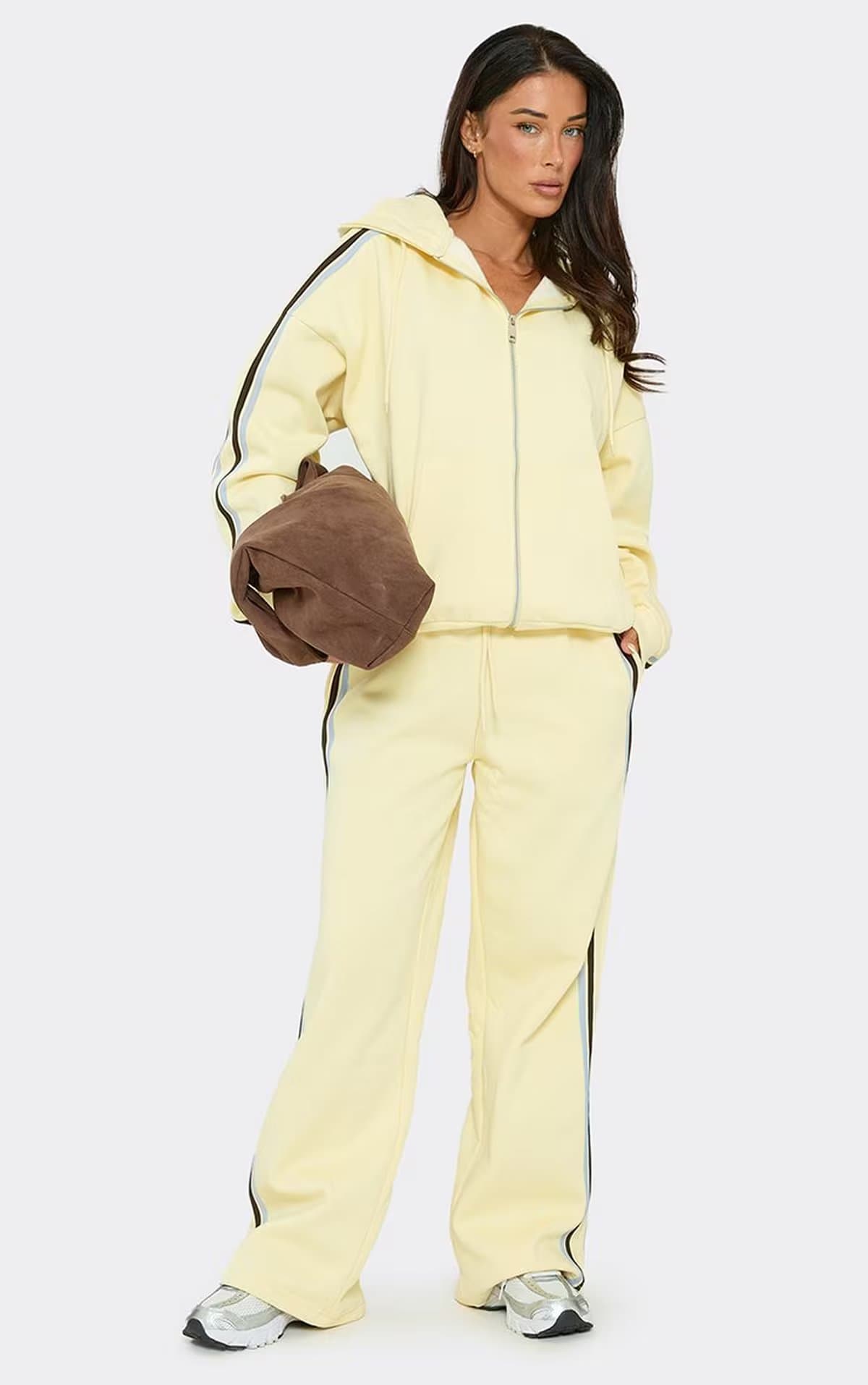 EGO Mid Rise Contrast Side Stripe Straight Leg Joggers In Lemon, Women's Size UK 6