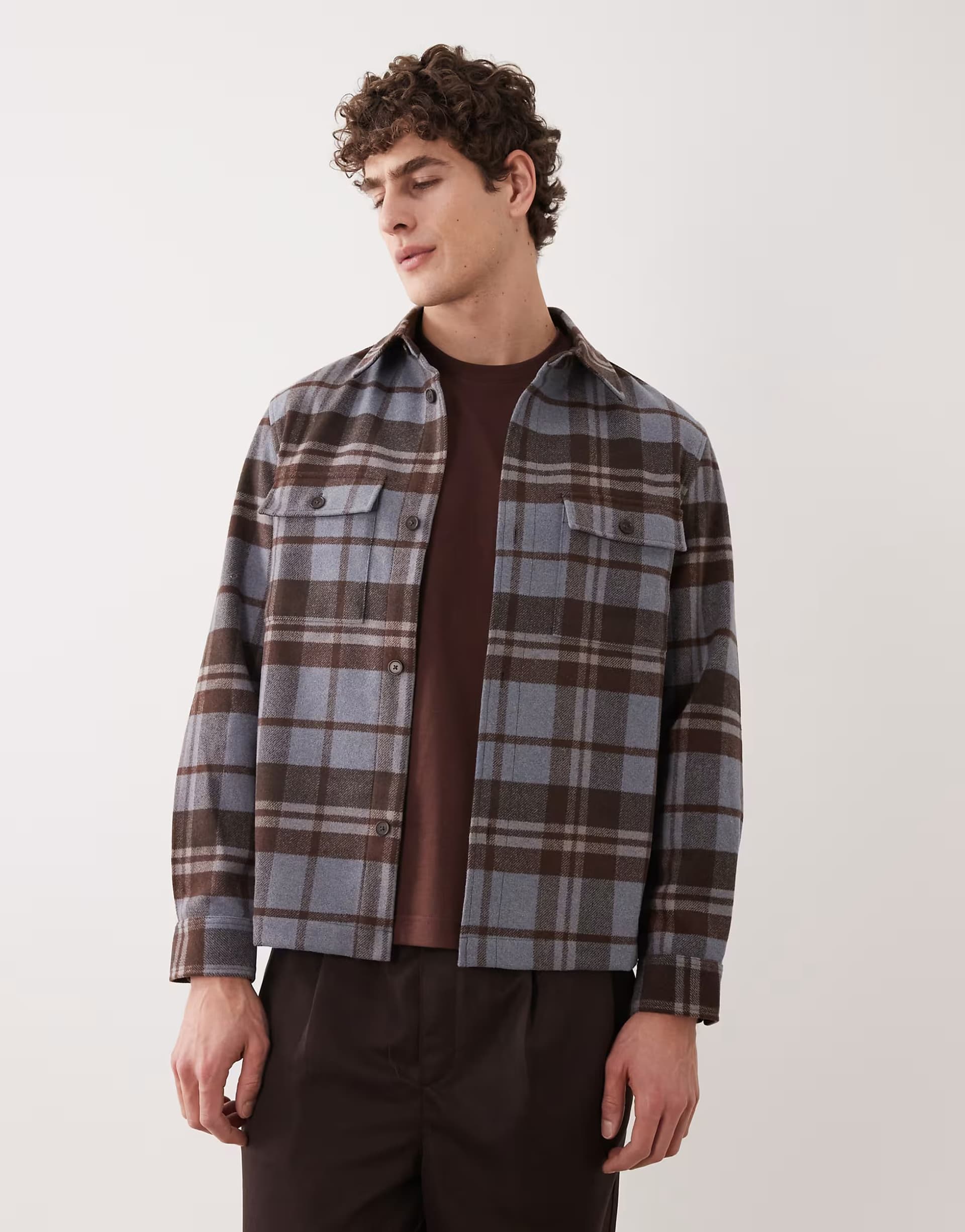 ASOS Mango wool mix shacket in blue and brown check
