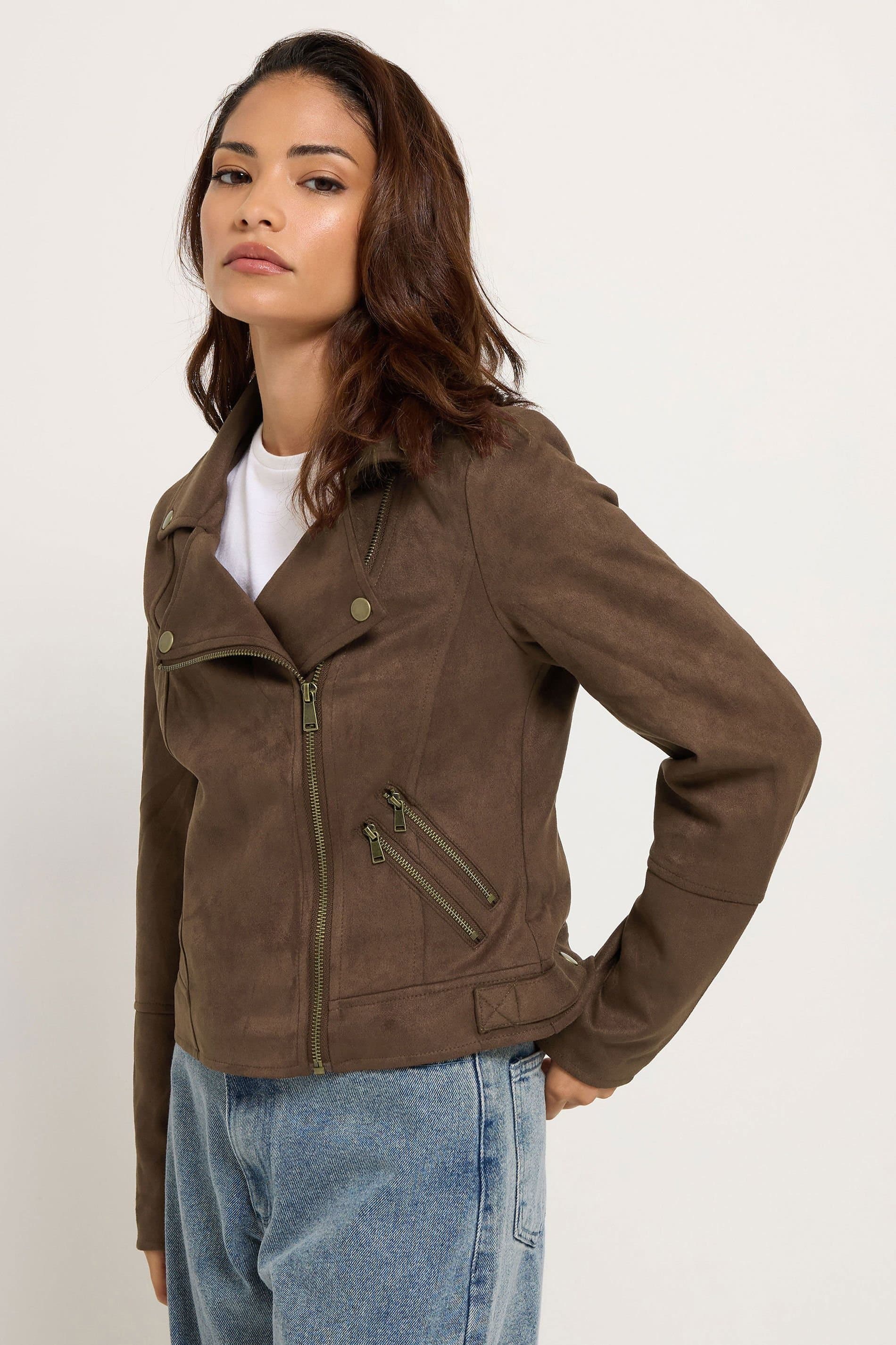 PixieGirl PixieGirl Women's Petite Faux Suede Biker Jacket in Brown