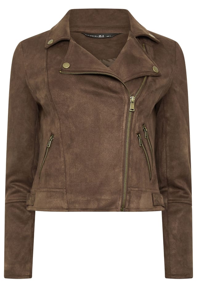 PixieGirl PixieGirl Women's Petite Faux Suede Biker Jacket in Brown - 2