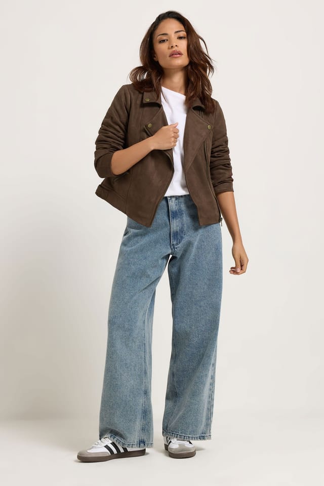 PixieGirl PixieGirl Women's Petite Faux Suede Biker Jacket in Brown - 3