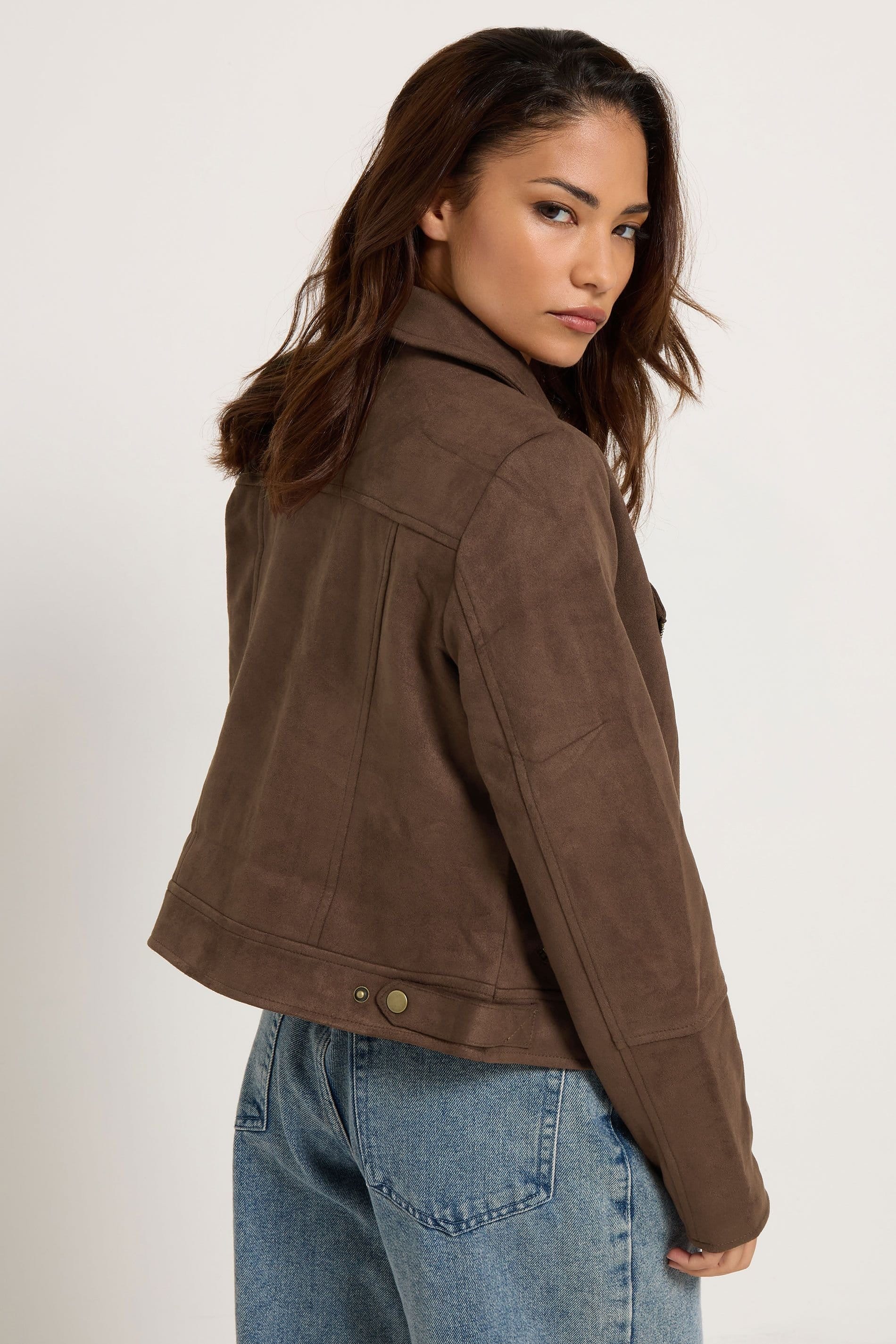 PixieGirl PixieGirl Women's Petite Faux Suede Biker Jacket in Brown - 4