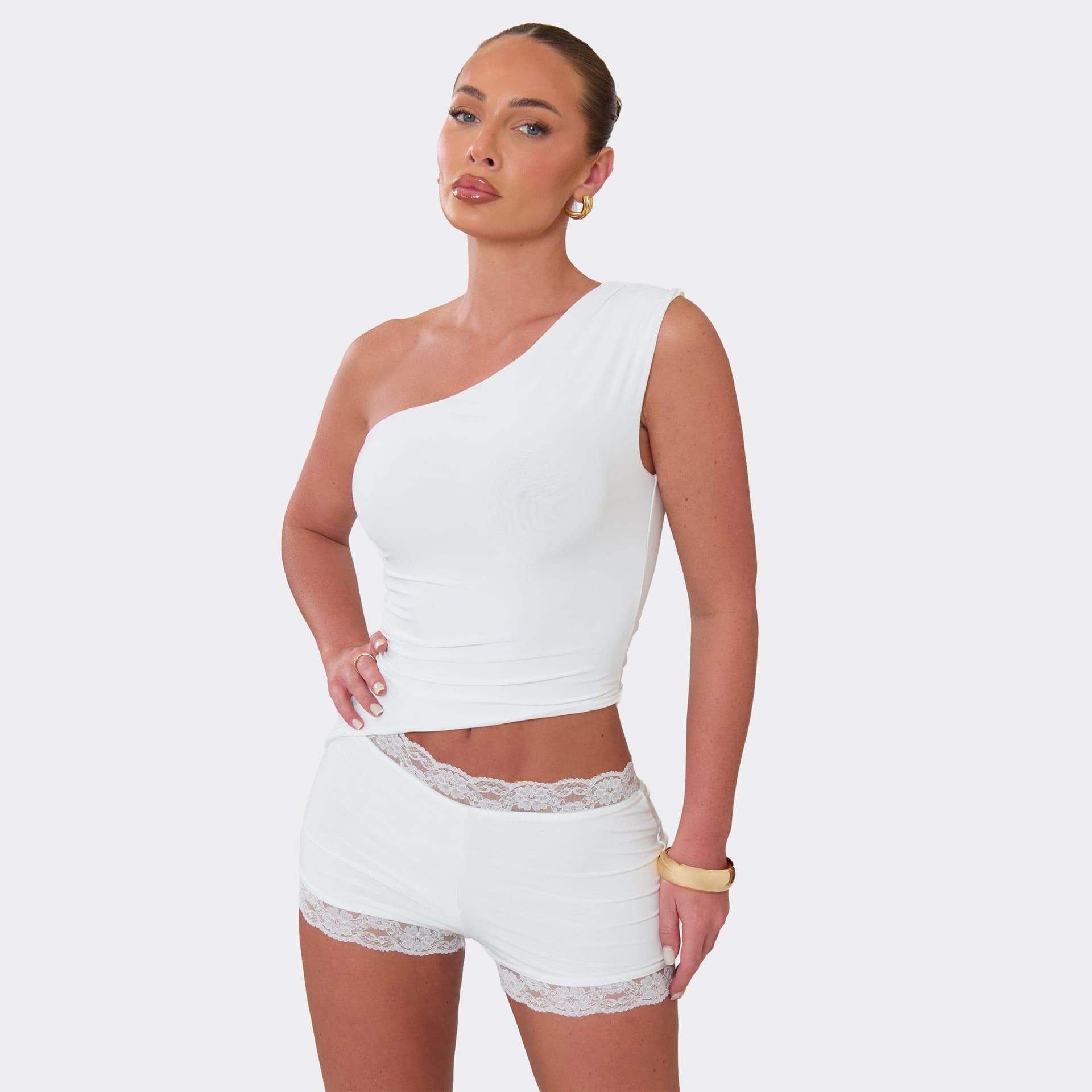 EGO One Shoulder Lace Trim Detail Cut Out Playsuit In Ivory Slinky, Women's Size UK 6