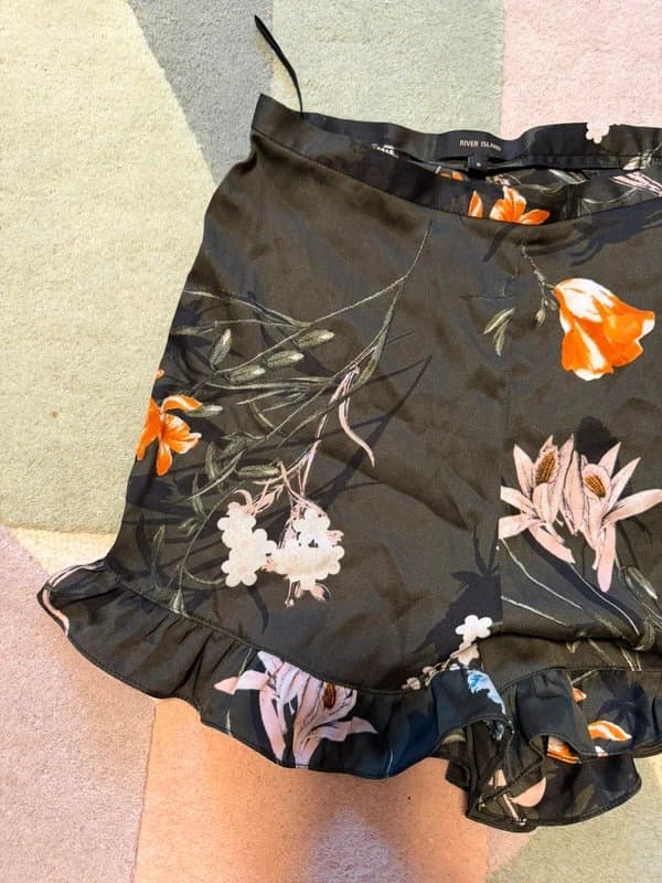 River Island River Island Black Satin Floral Ruffle Shorts - Size 6