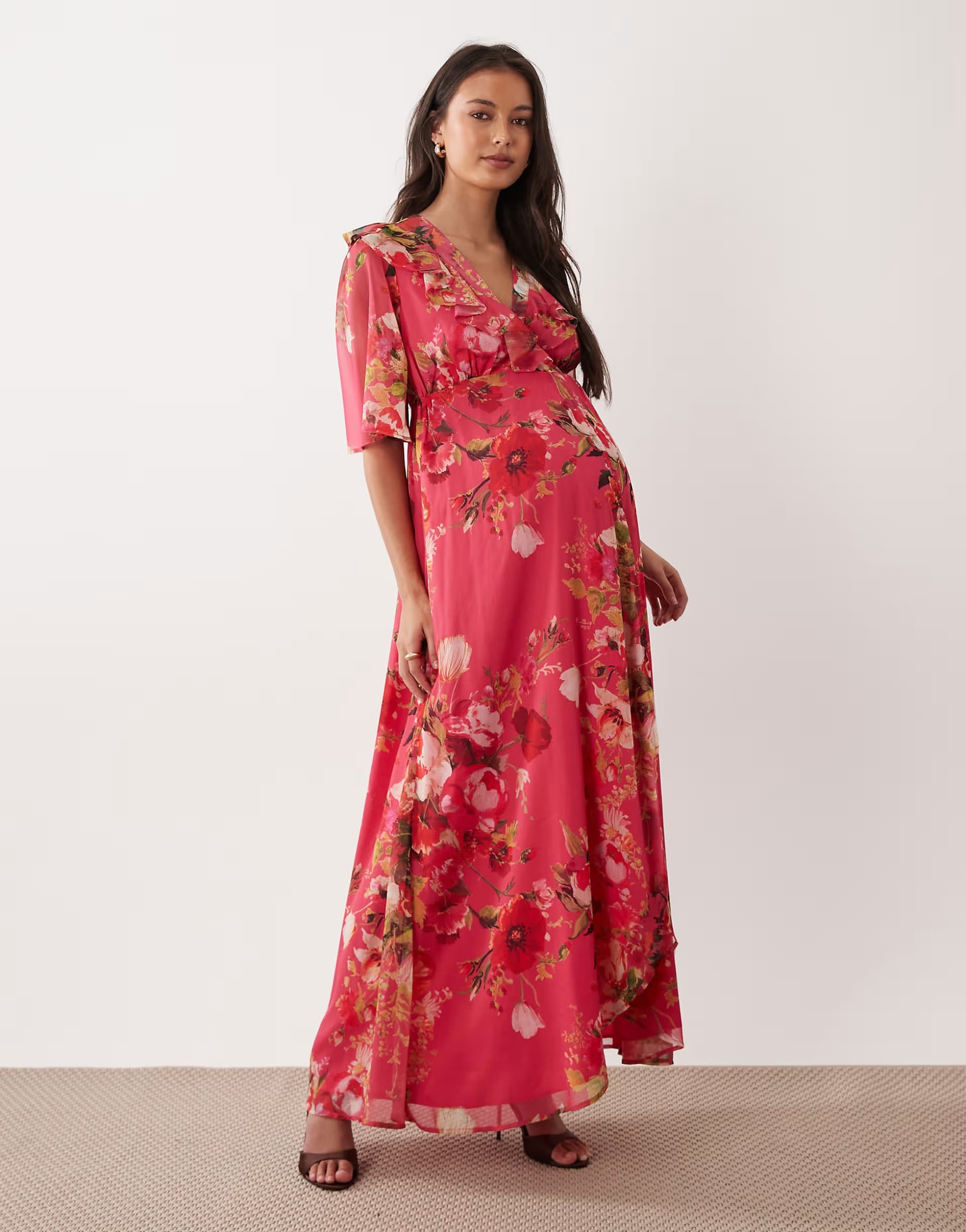 ASOS Hope & Ivy Maternity flutter sleeve wrap detail maxi dress in pink floral print