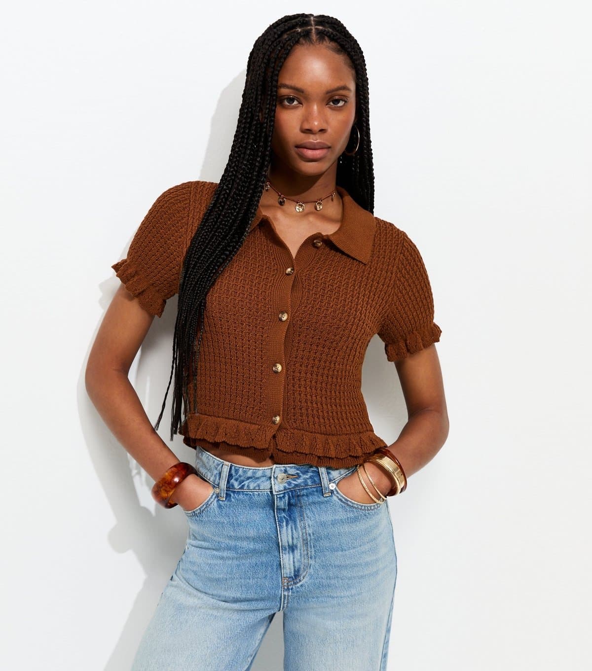 New Look Women's Dark Brown Knitted Frill Trim Collared Top New Look