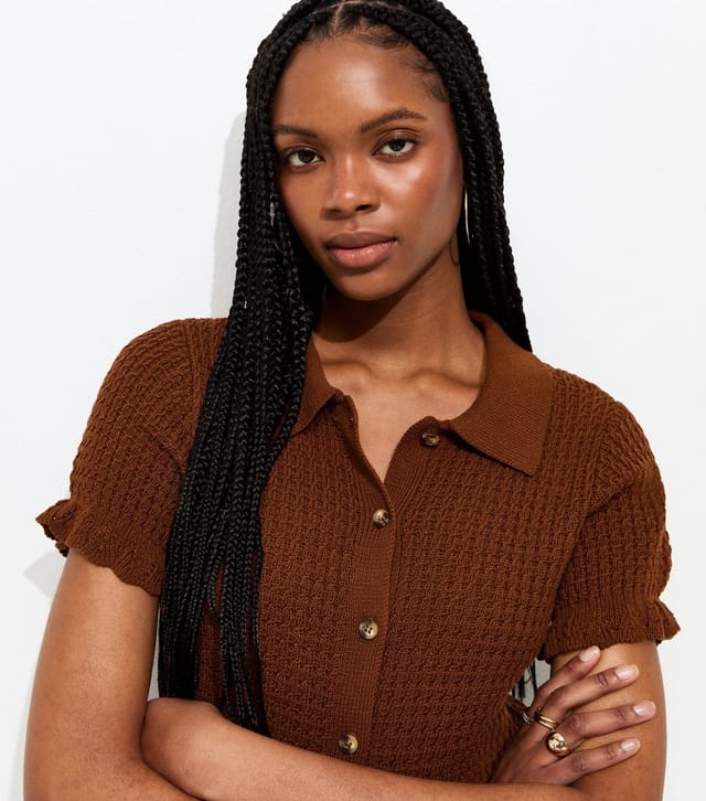 New Look Women's Dark Brown Knitted Frill Trim Collared Top New Look - 3