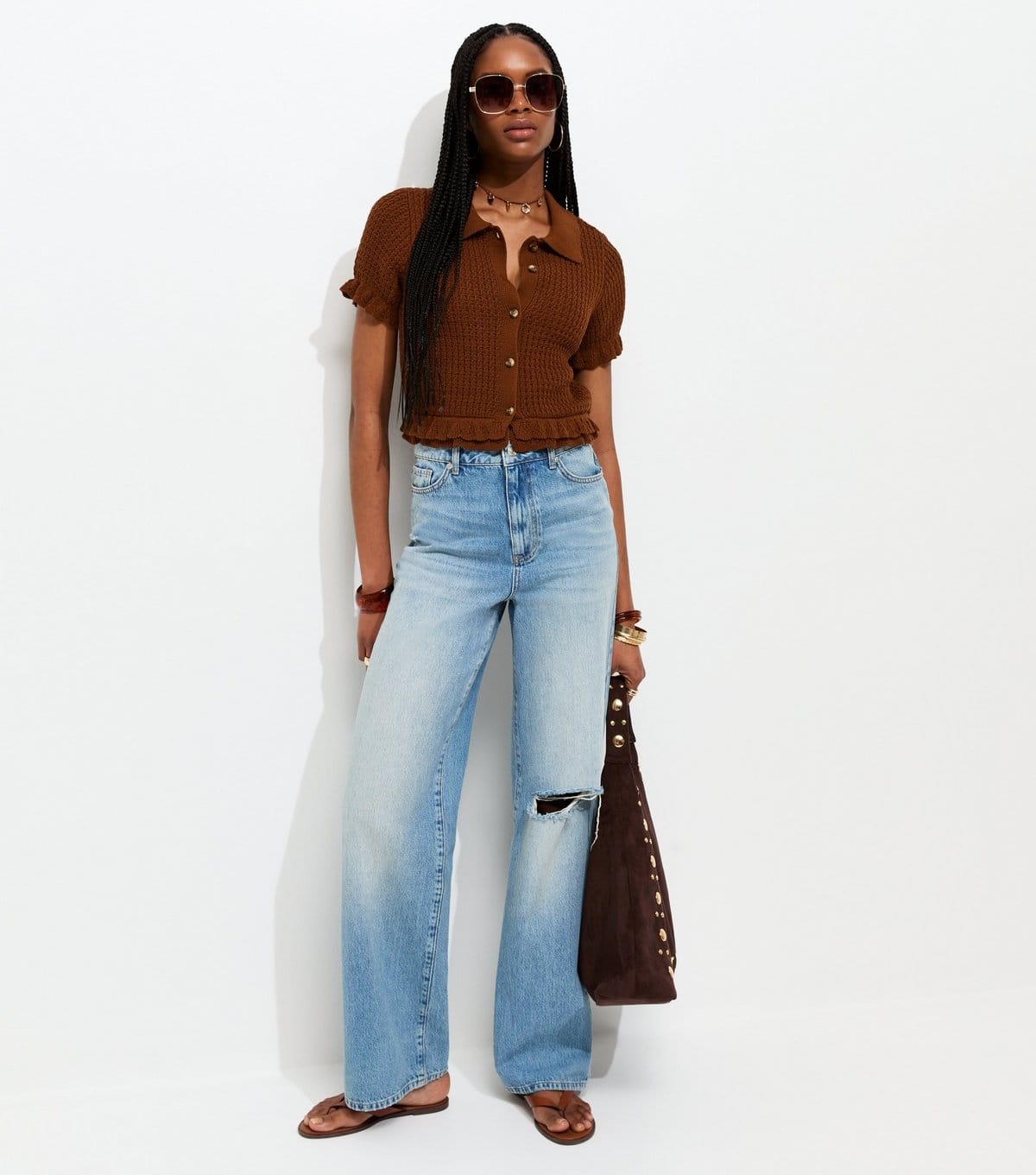 New Look Women's Dark Brown Knitted Frill Trim Collared Top New Look - 4